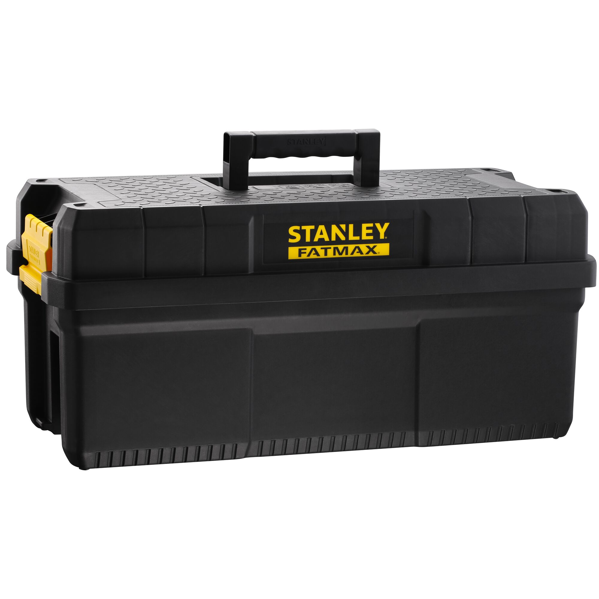 STANLEY FMST81083-1 black plastic toolbox with yellow latch, front angle on white background.