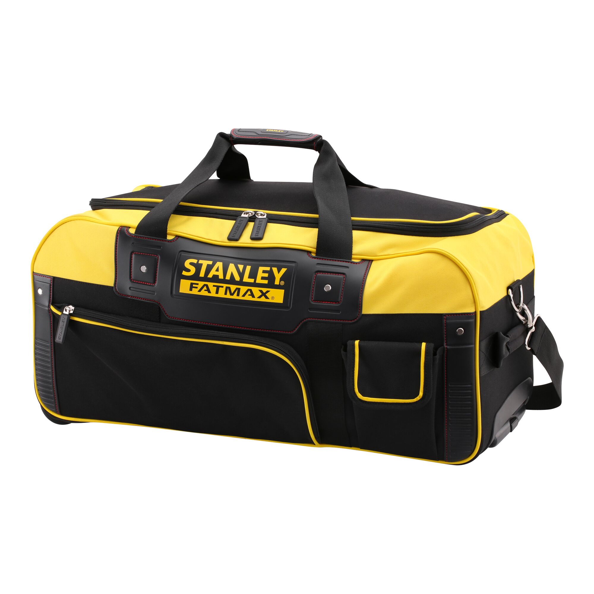STANLEY FMST82706-1 tool bag, black and yellow fabric, large main compartment, front and side pockets, angled view.
