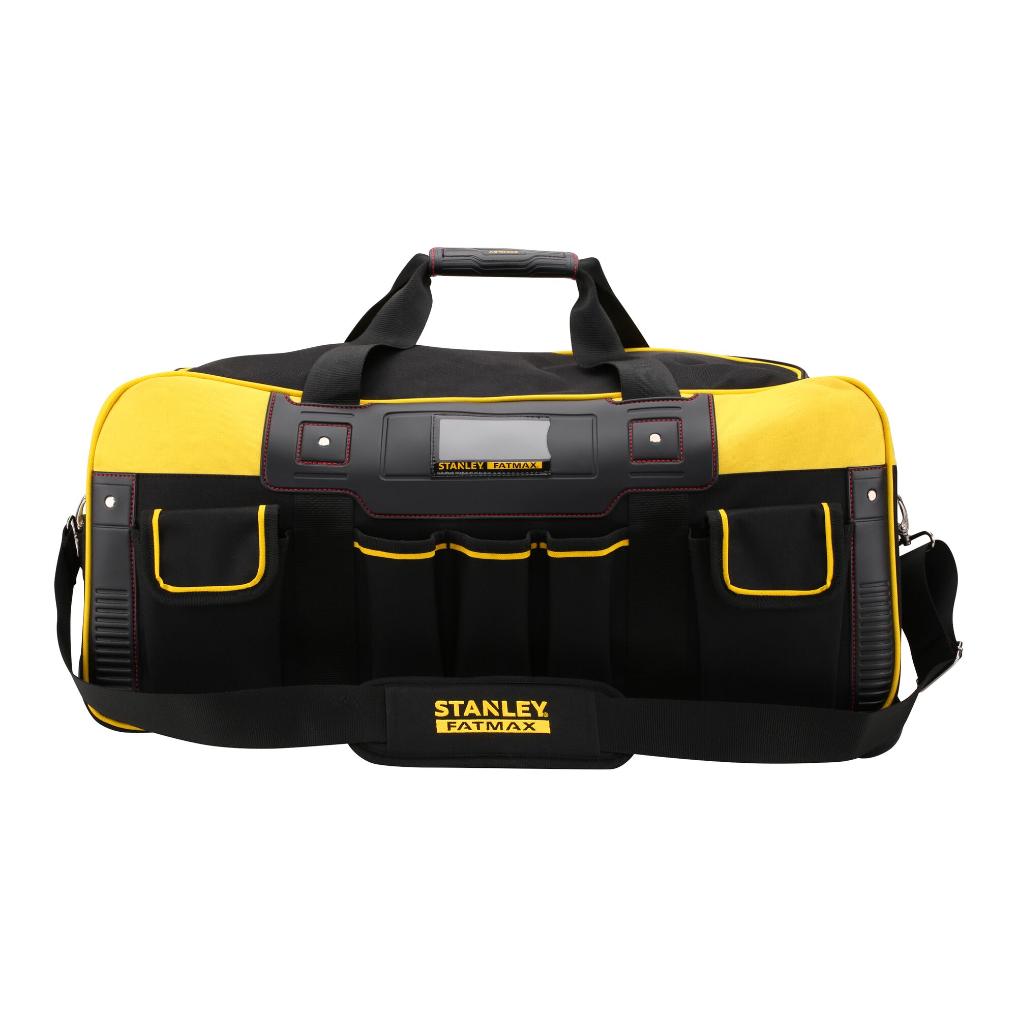 STANLEY FMST82706-1 tool bag, yellow and black, front view with multiple exterior pockets and handles.