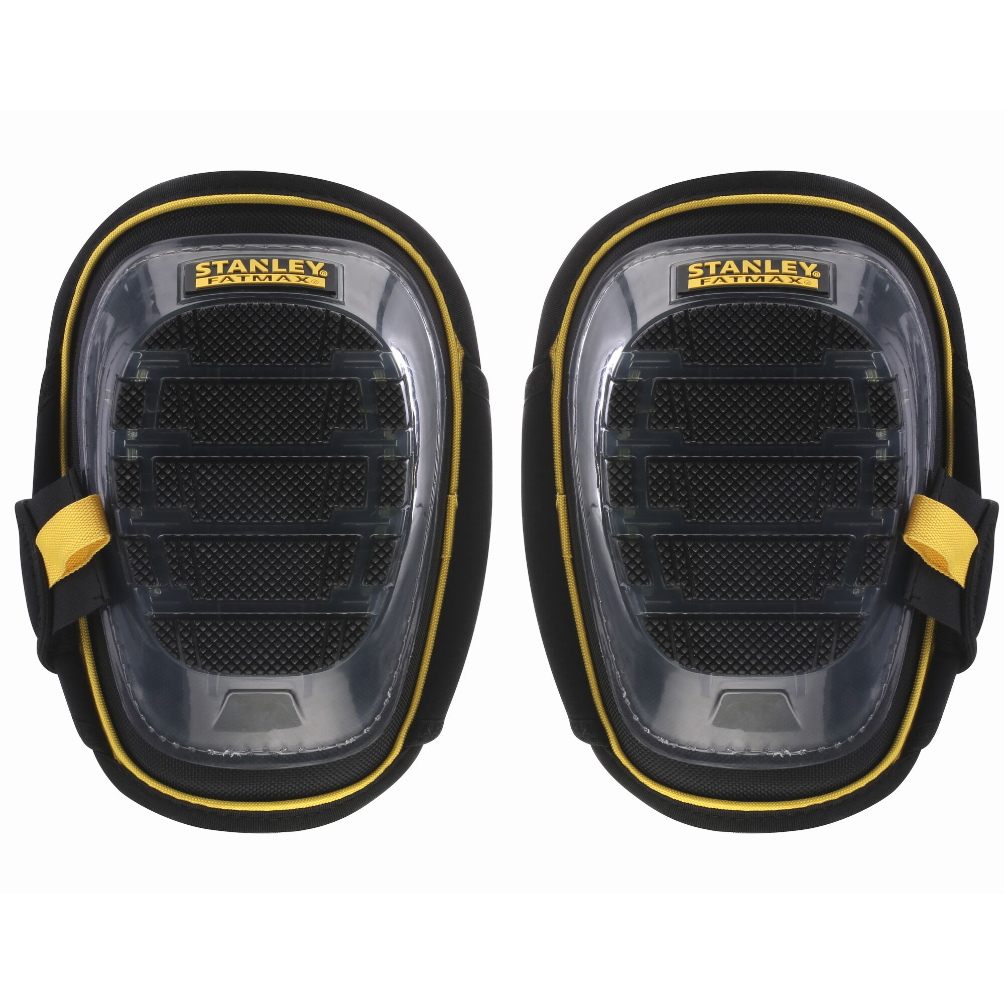STANLEY FMST82960-1 knee pads with clear plastic caps, black and yellow, front view on white background.
