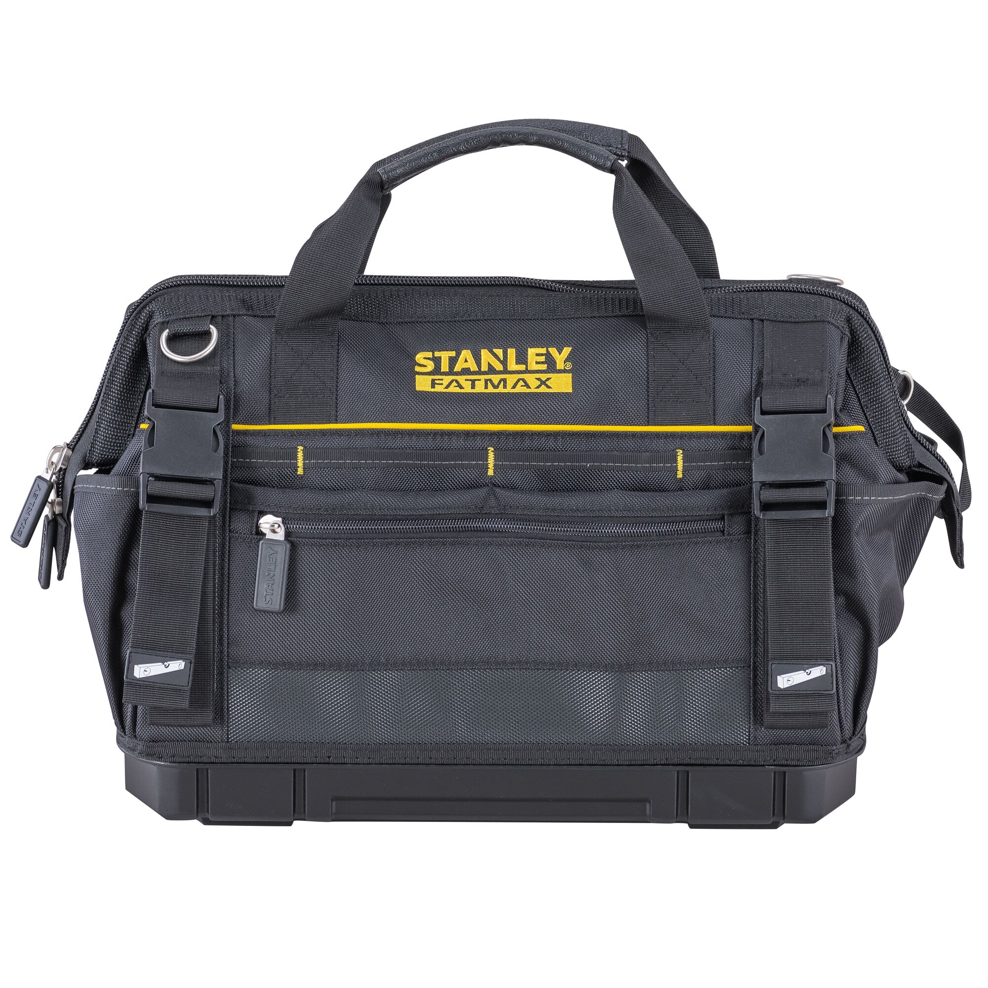 STANLEY FMST83297-1 black tool bag with yellow accents, front view, featuring multiple pockets and handles.