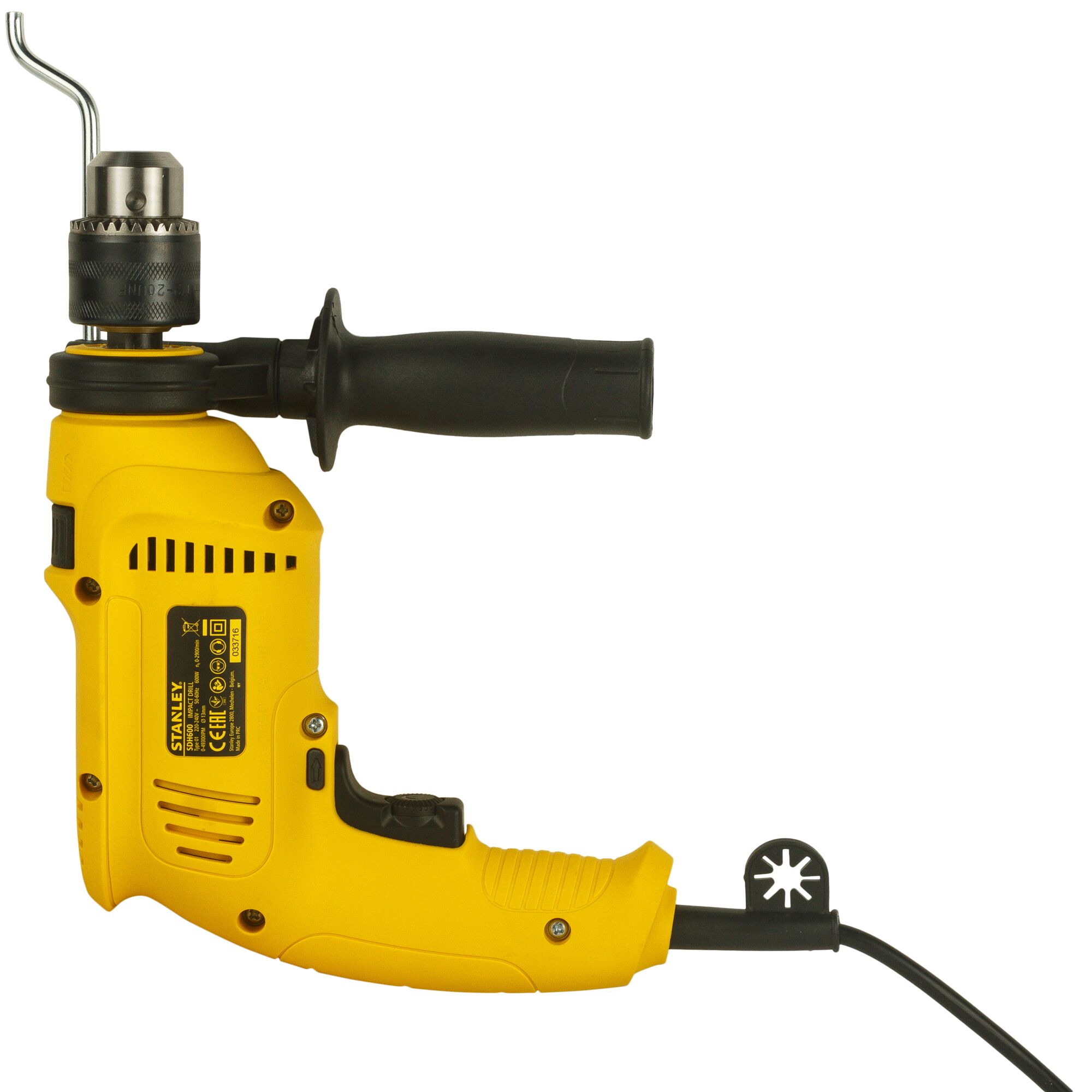 STANLEY SDH600KP yellow corded drill with side handle, photography, left side view on white background.