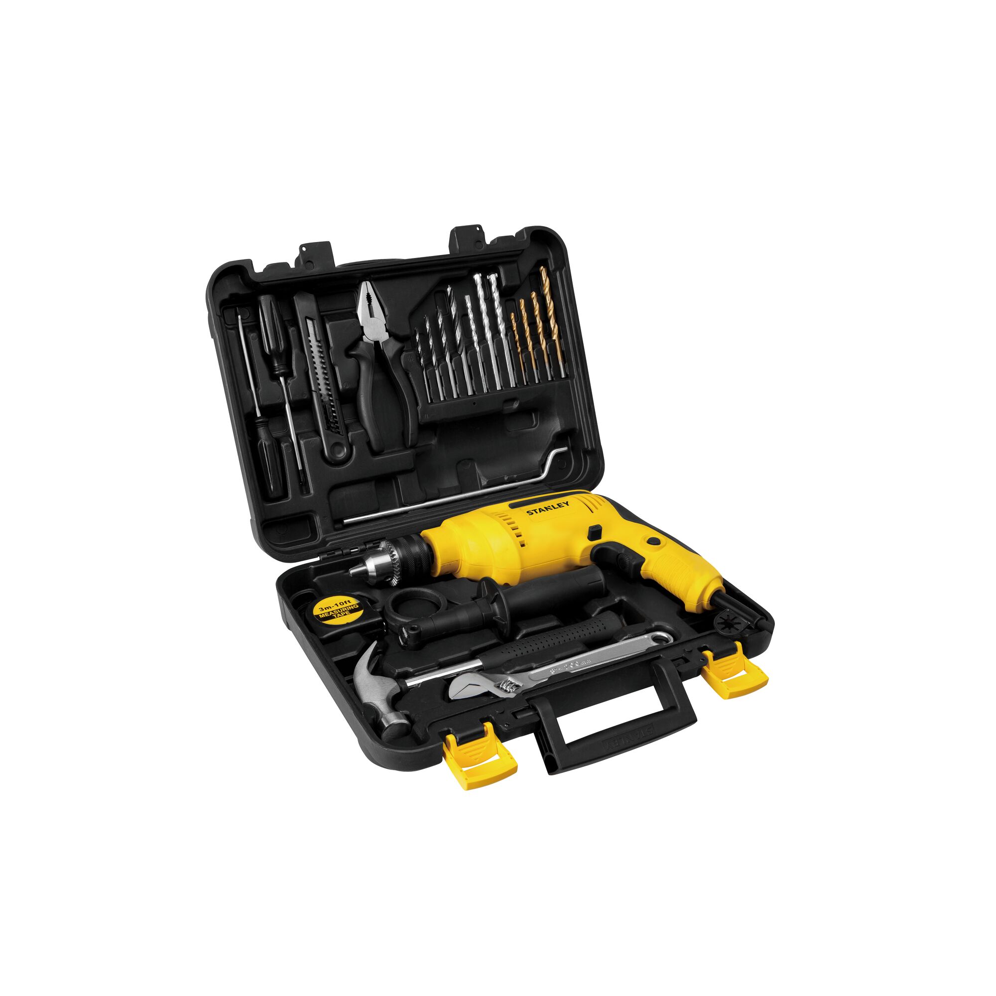 DRILL KIT WITH HAND TOOLS ON WHITE BACKGROUND SIDE VIEW 