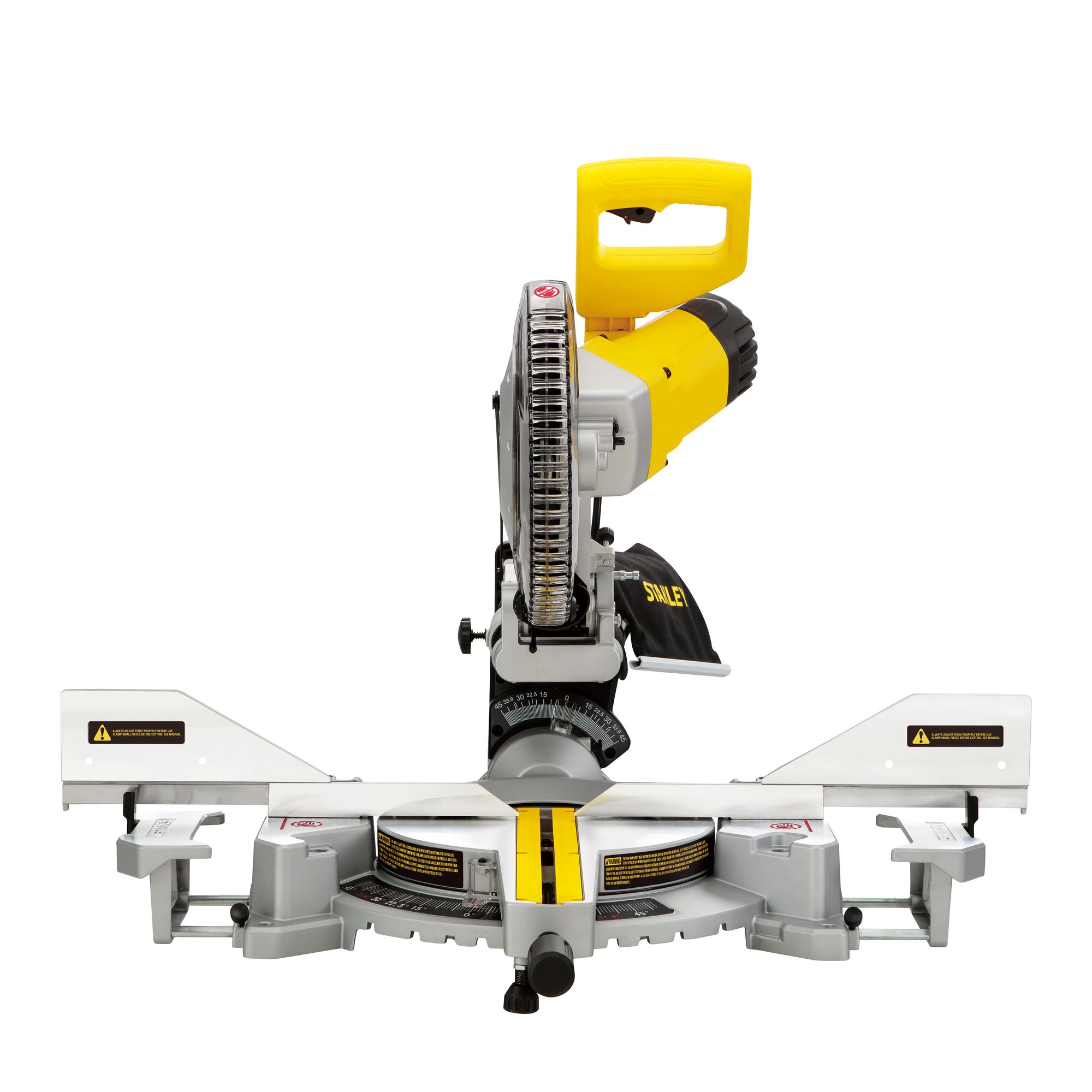STANLEY SM18-B2C miter saw, yellow and silver, photography front angle on white background.