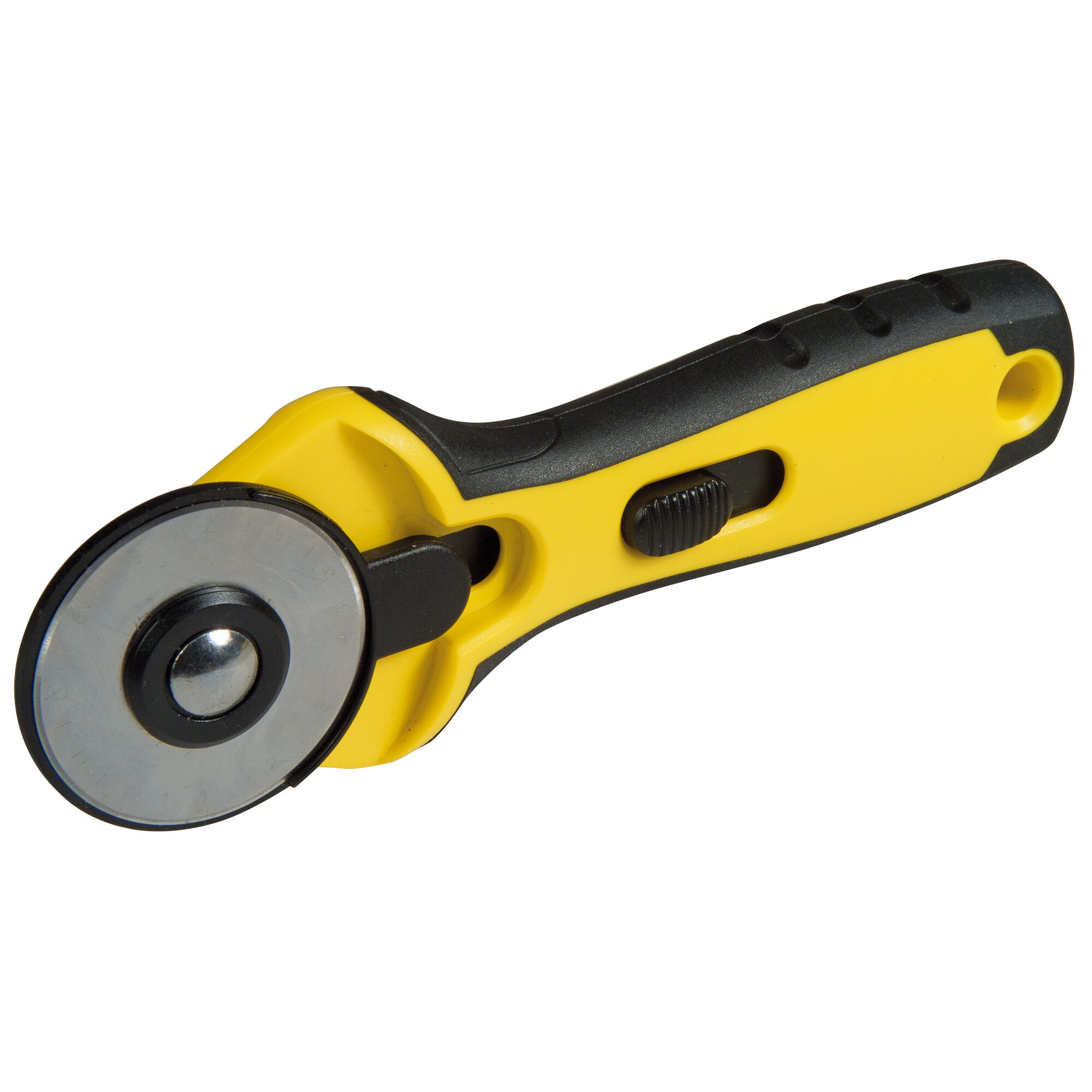 STANLEY STHT0-10194 rotary cutter with yellow and black handle, side view on white background.