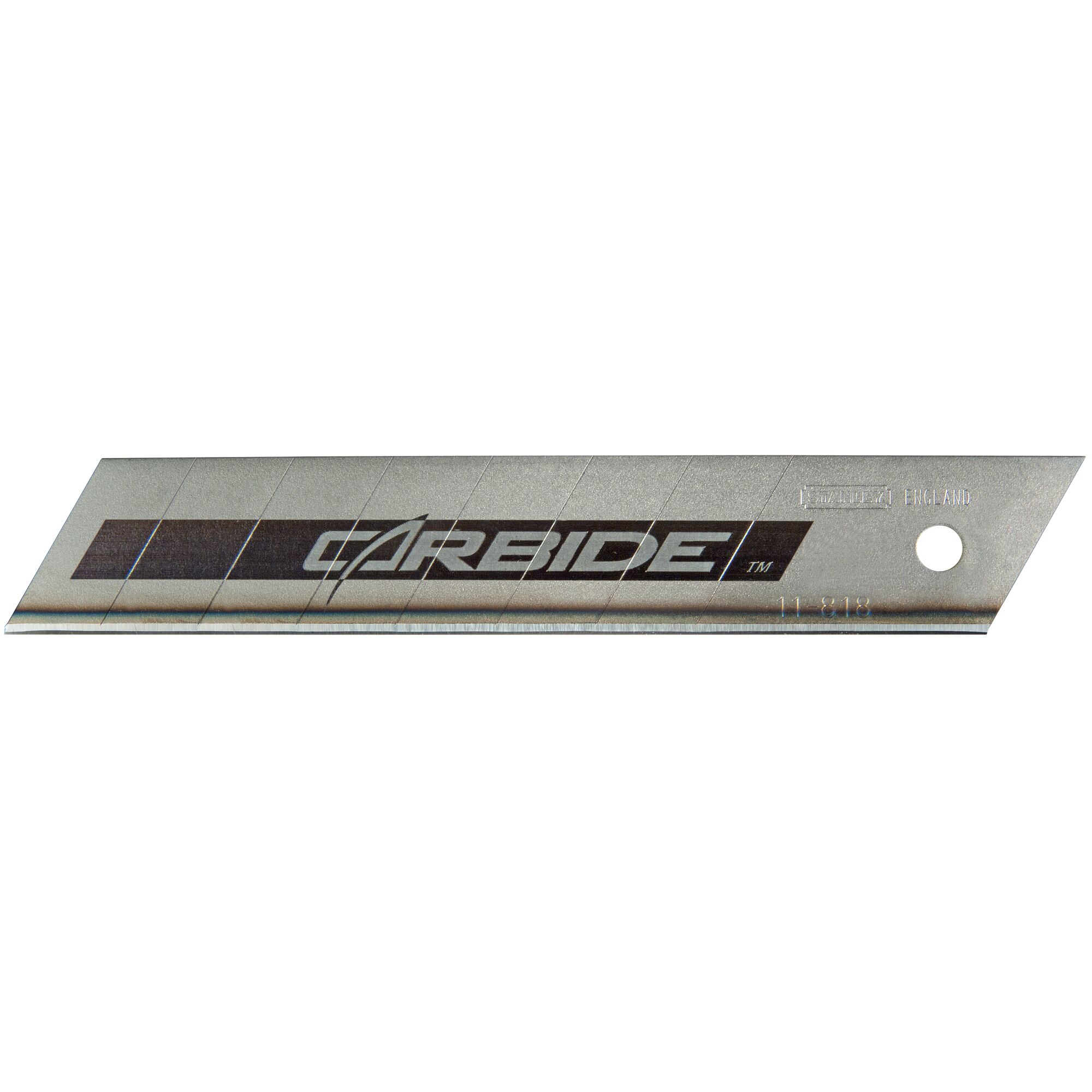 STANLEY STHT0-11818 snap-off carbide utility blade, photography, side view on white background.