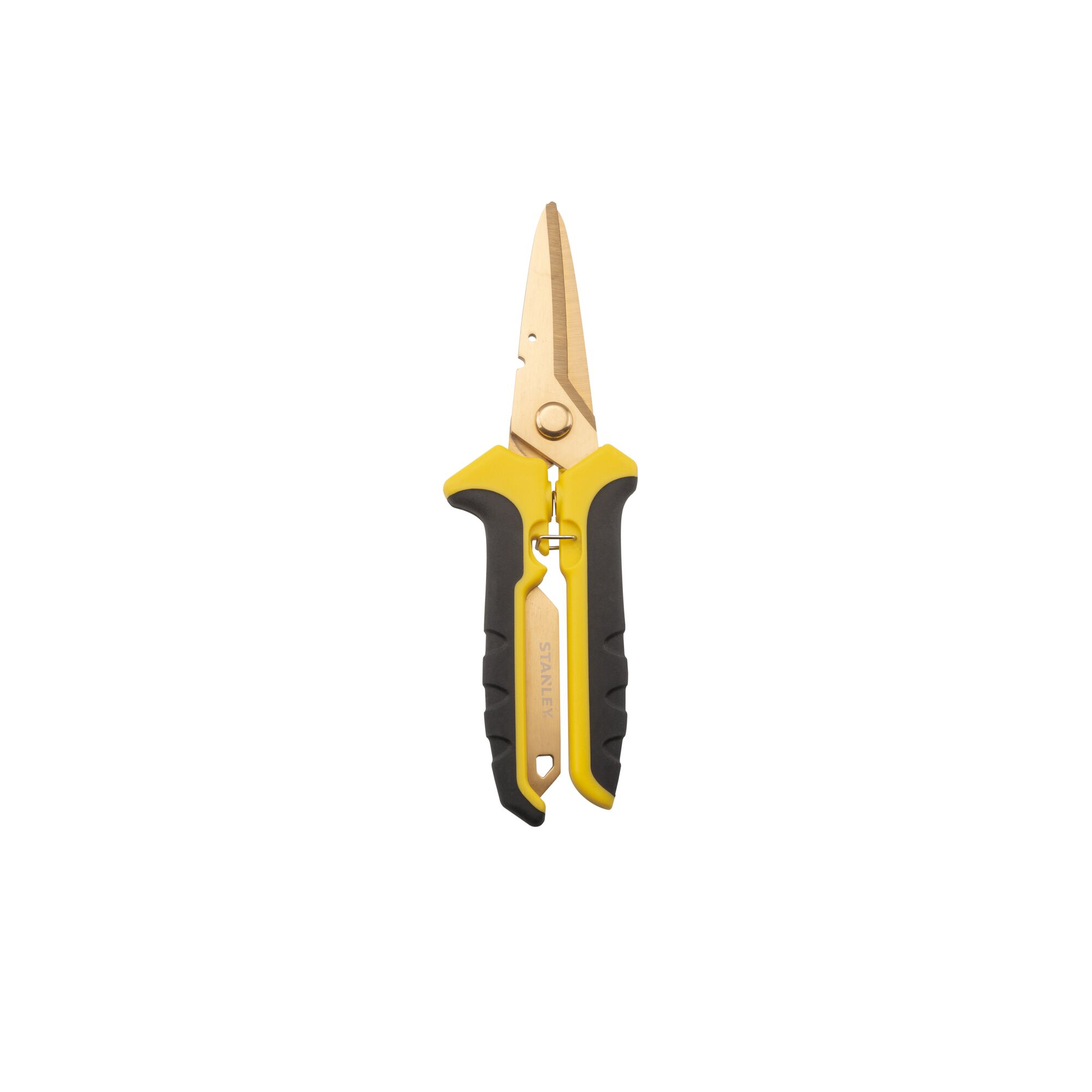 Photo of STANLEY STHT0-14103 utility scissors with yellow and black handles, titanium-coated straight blades, side view.