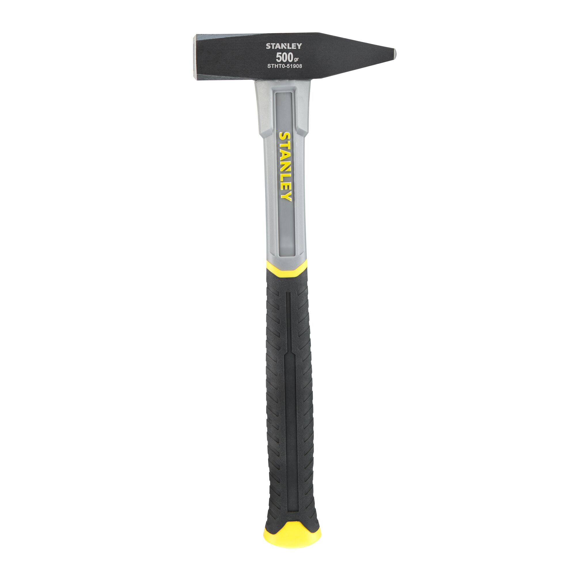 Photo of STANLEY STHT0-51908 black and yellow engineer hammer, front angle, textured handle, white background.