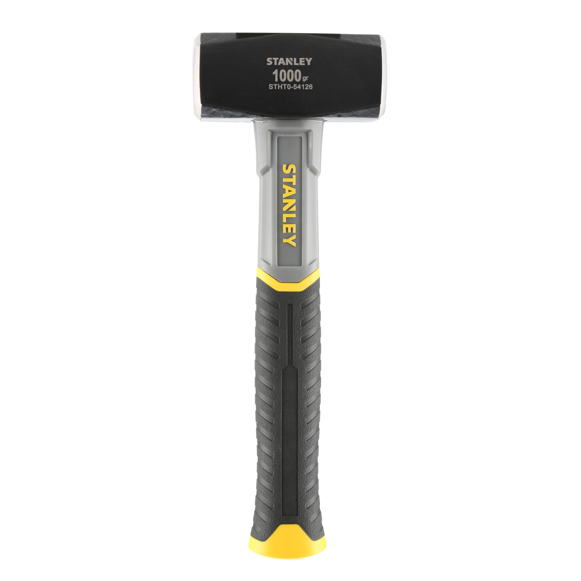 STANLEY STHT0-54126 sledge hammer, 1000g, black and yellow handle, front angle, white background.
