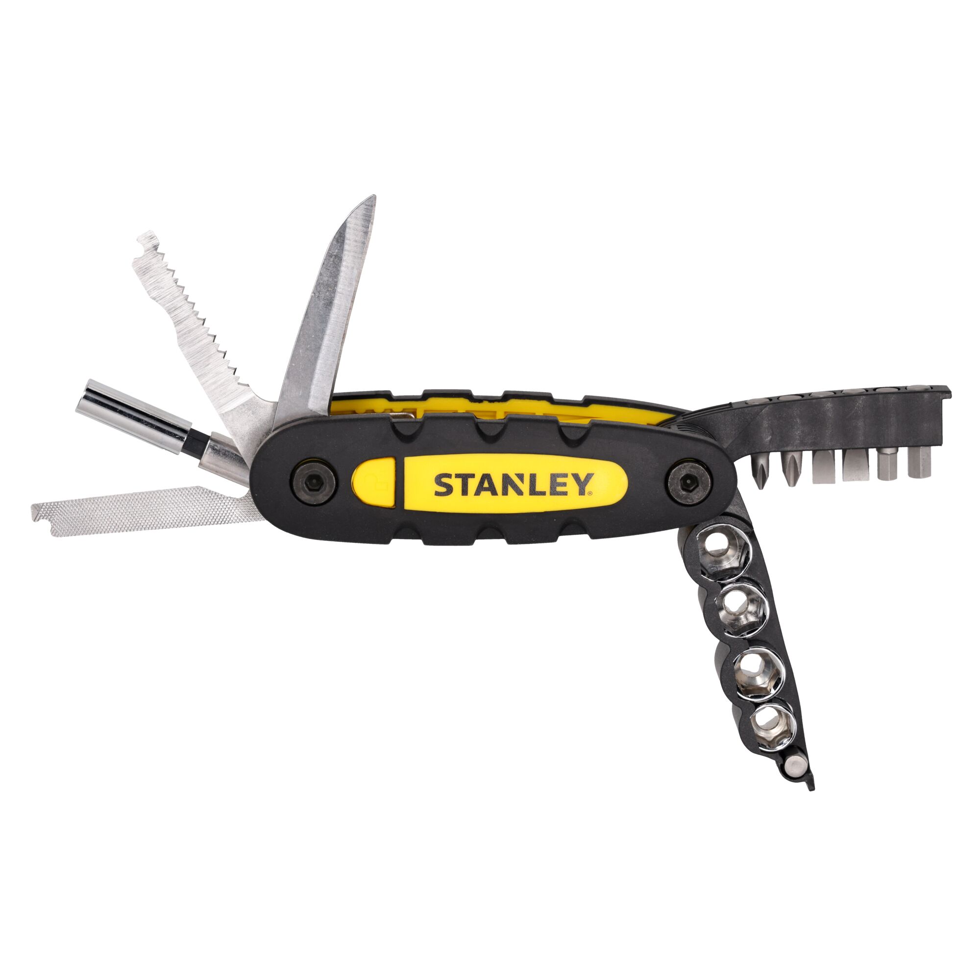 STANLEY STHT0-70695 folding multi-tool, black and yellow, photography, angled view on white background.
