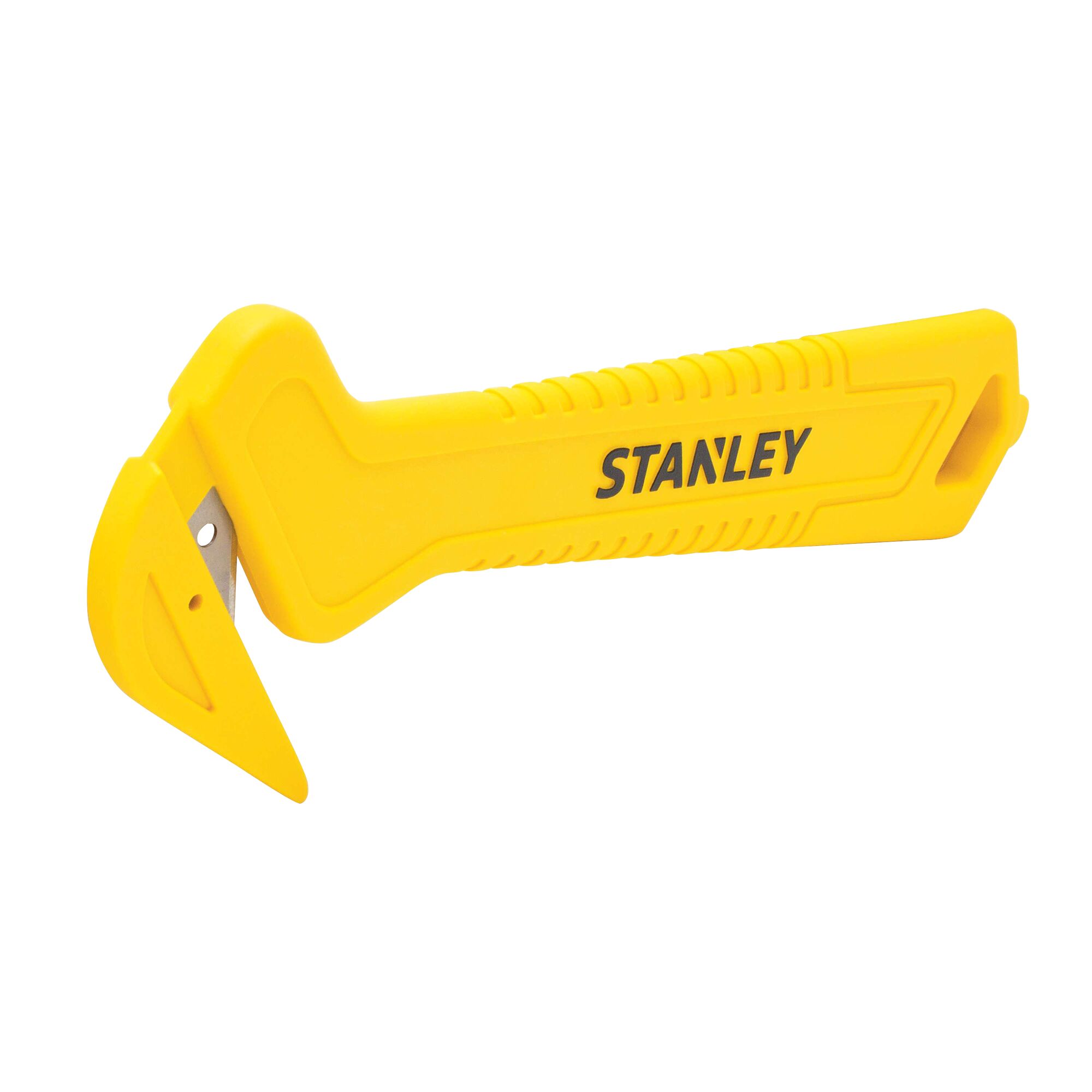 Stanley yellow safety box cutter with angled blade, side view on white background