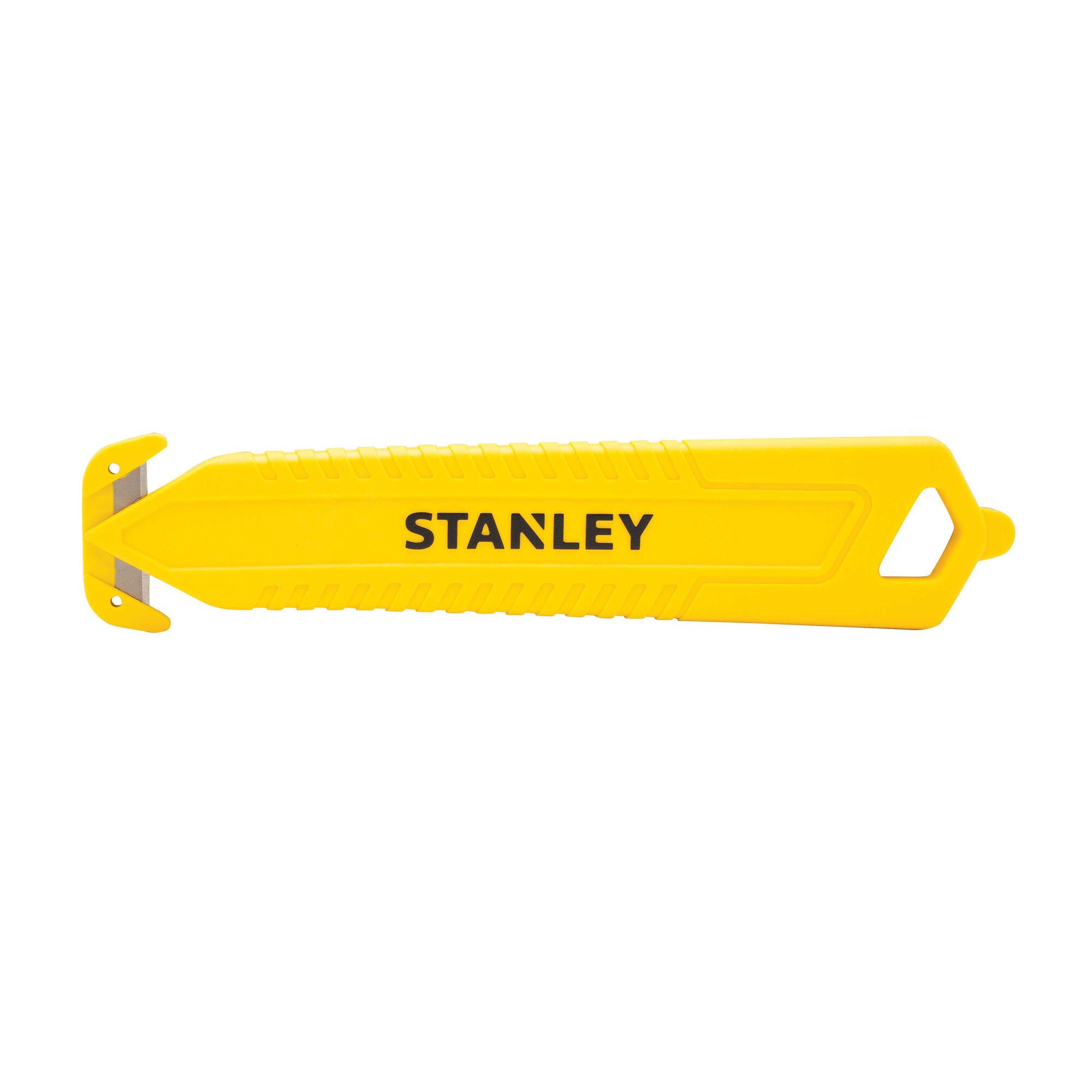 Stanley yellow plastic safety box cutter with concealed blade, side view on white background
