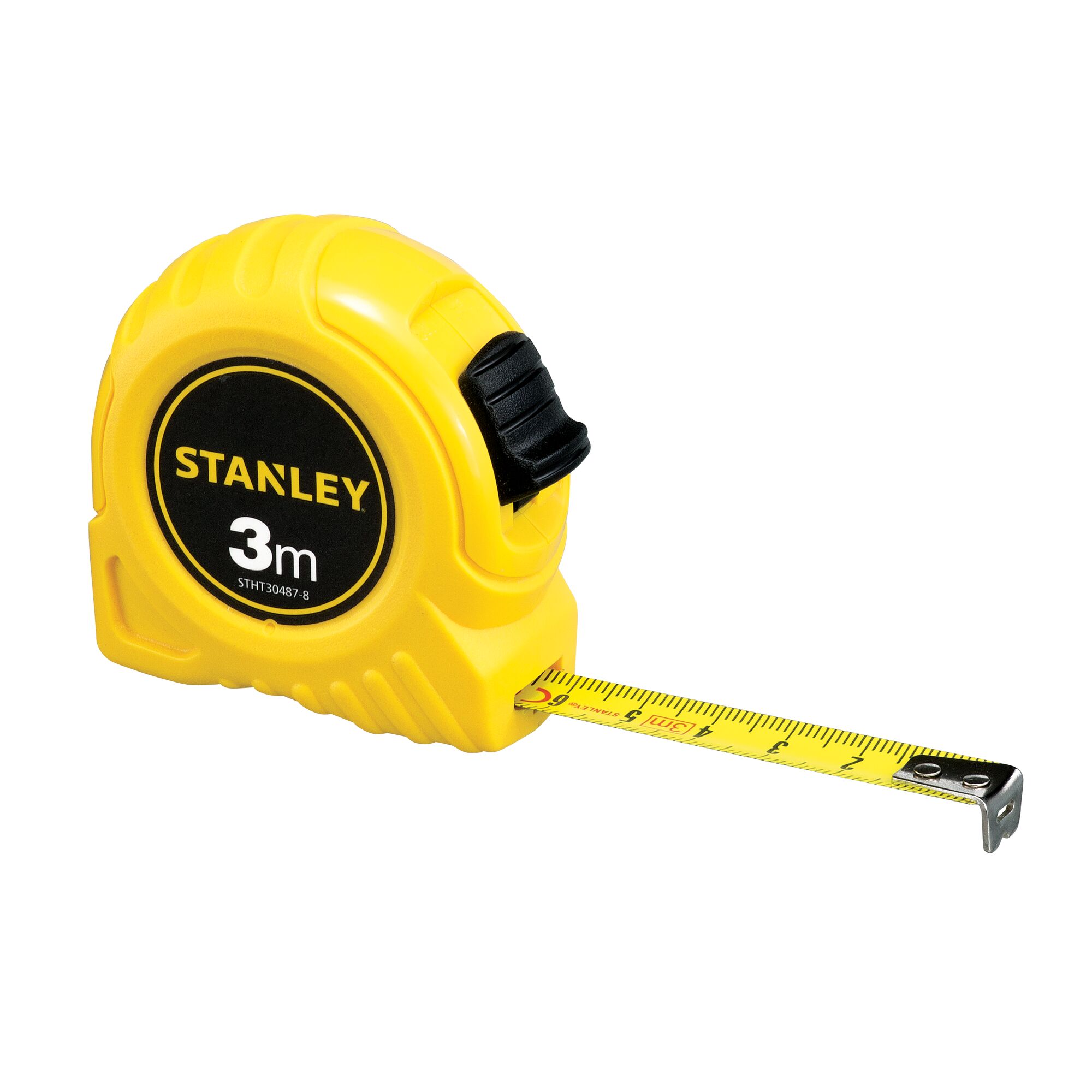STANLEY STHT30487-8 yellow 3m tape measure with black lock, product side angle on white background.