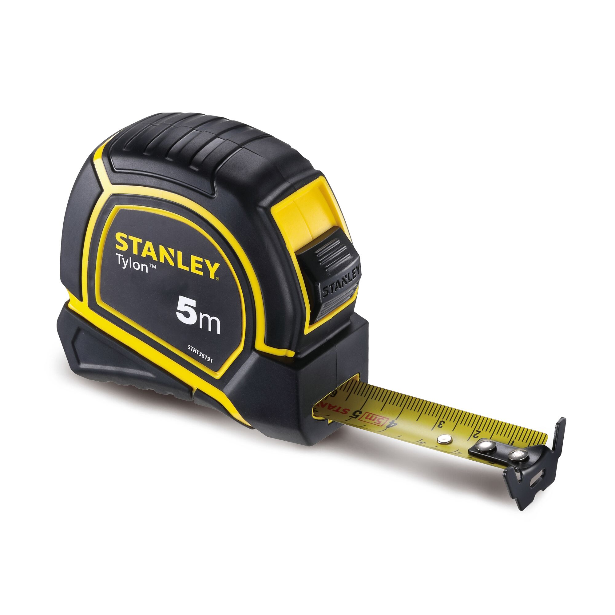 STANLEY STHT36191 measuring tape, 5 meter length, black and yellow, side angle on white background.