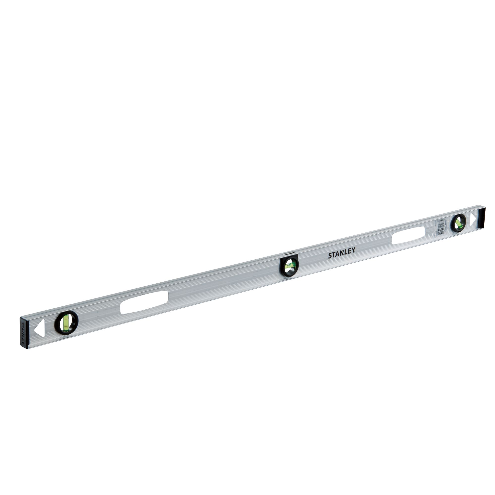 STANLEY STHT42076-8 spirit level, silver metal body with three vials, product angled on white background.