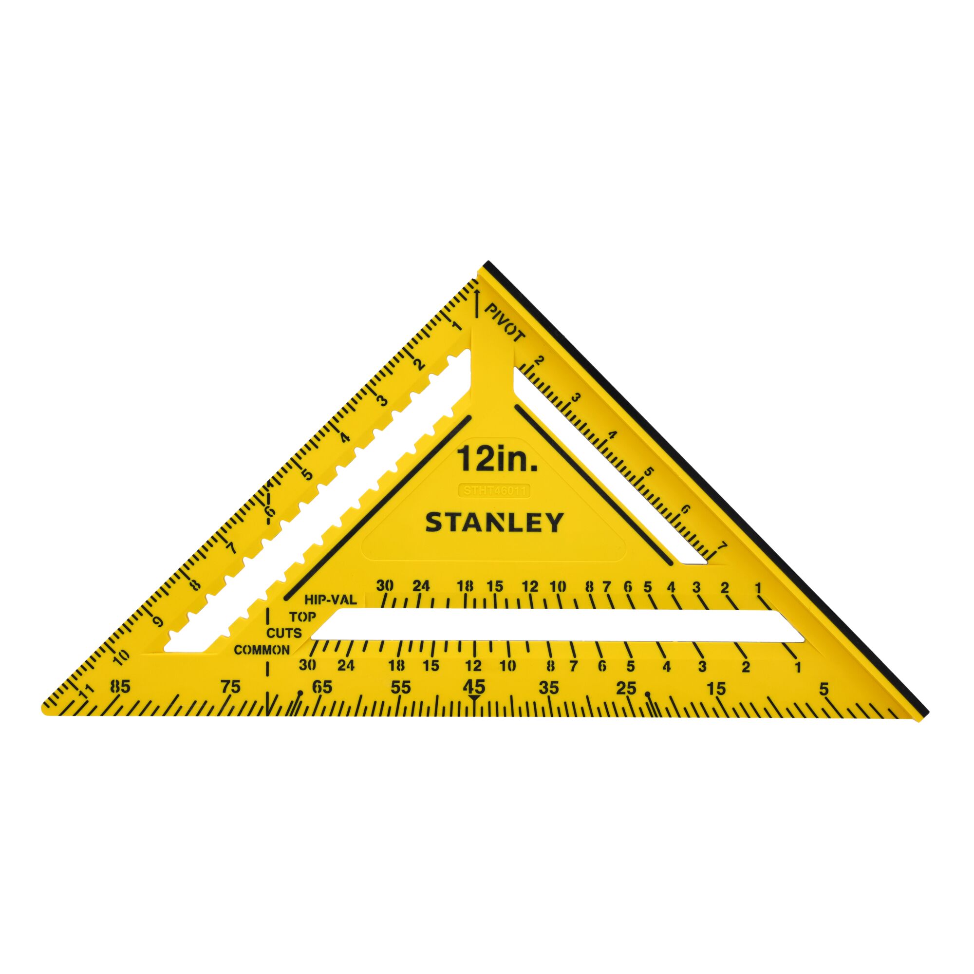Stanley STHT46011 12-inch yellow plastic carpenter square, photography of front angle on white background.