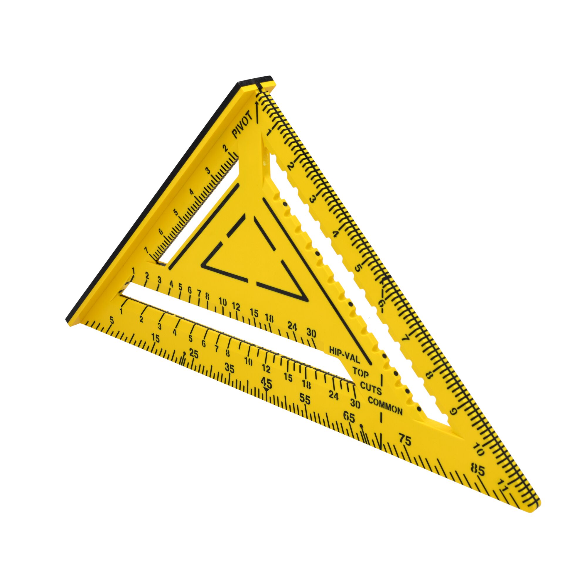 STANLEY STHT46011 yellow plastic rafter square with black markings, product photography on white background.