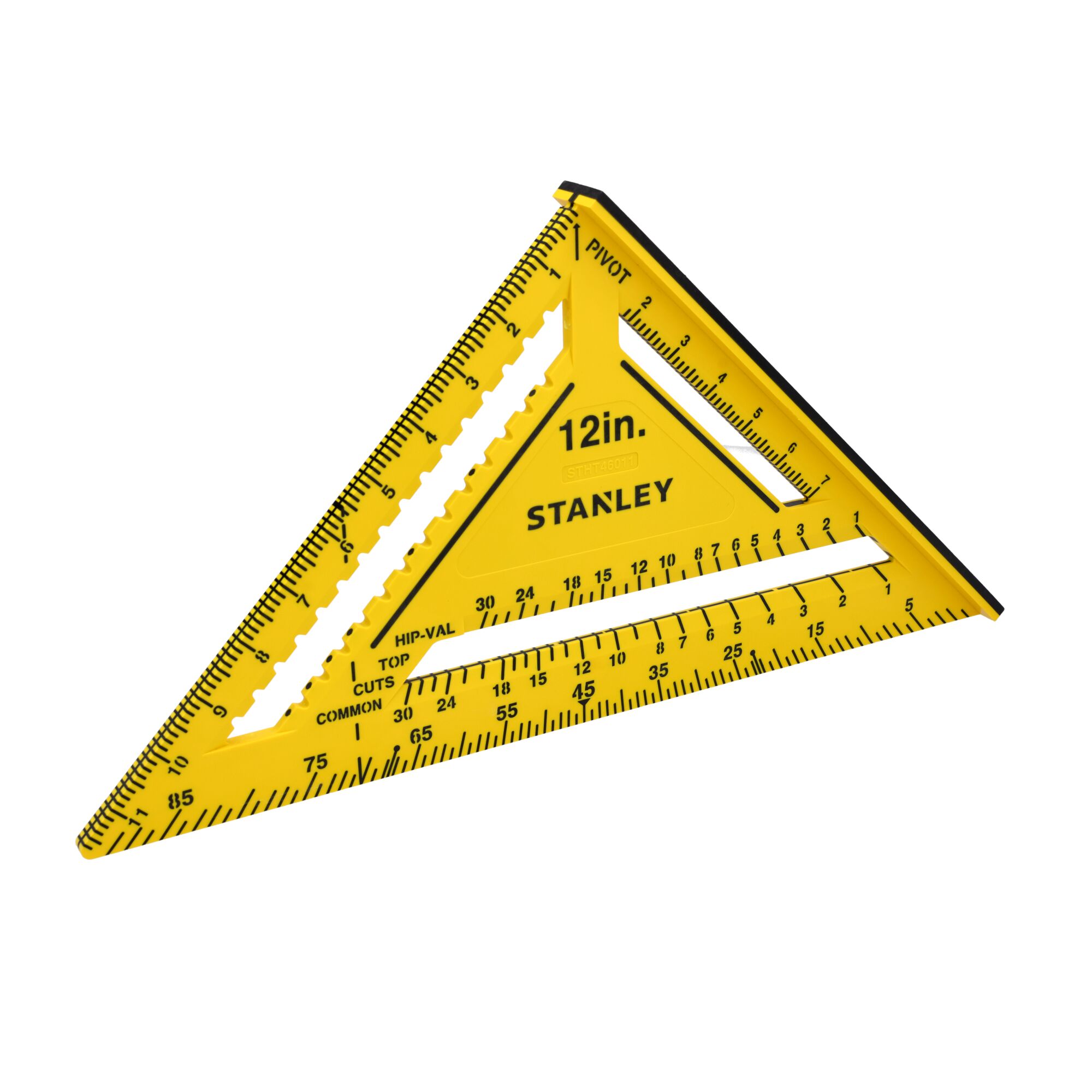 Stanley 12-inch yellow plastic rafter square, angled side view, black markings, white background