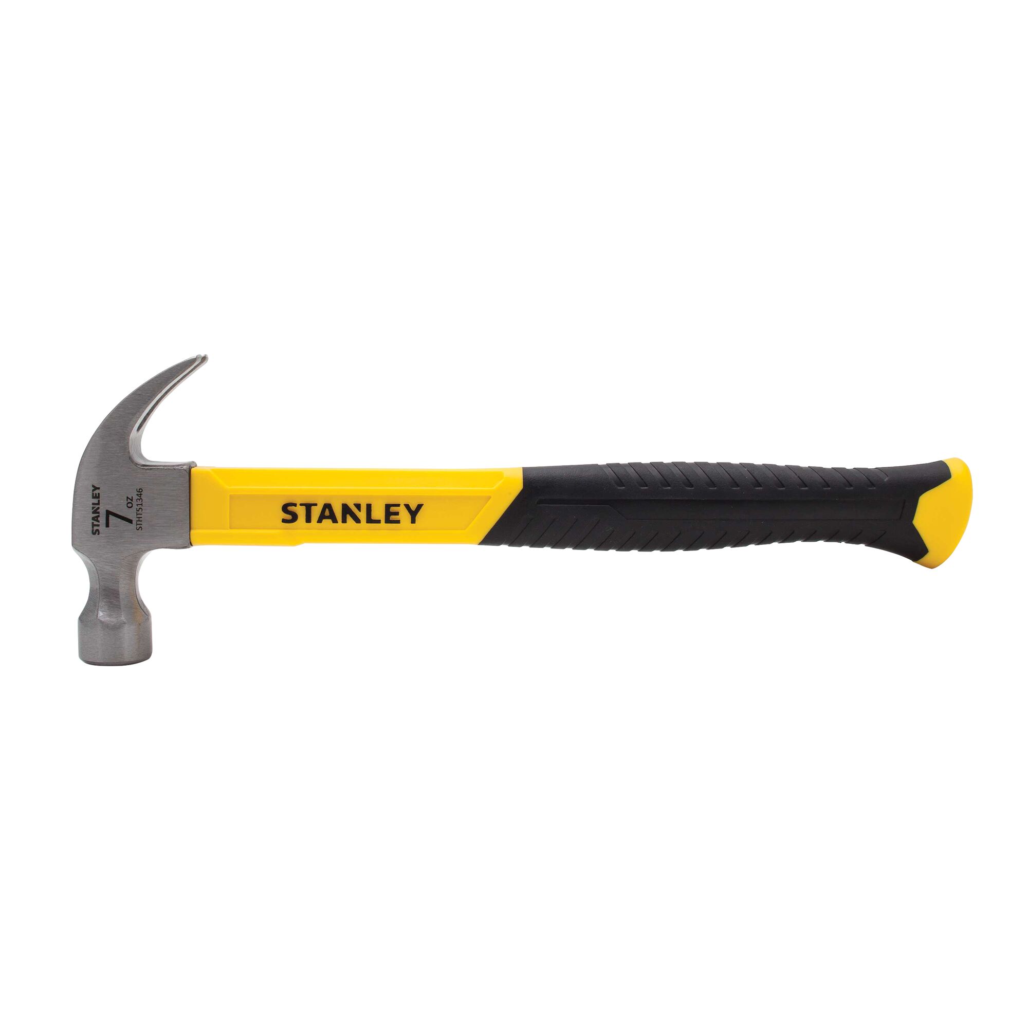 STANLEY STHT51346 claw hammer with yellow and black grip, side view on white background.