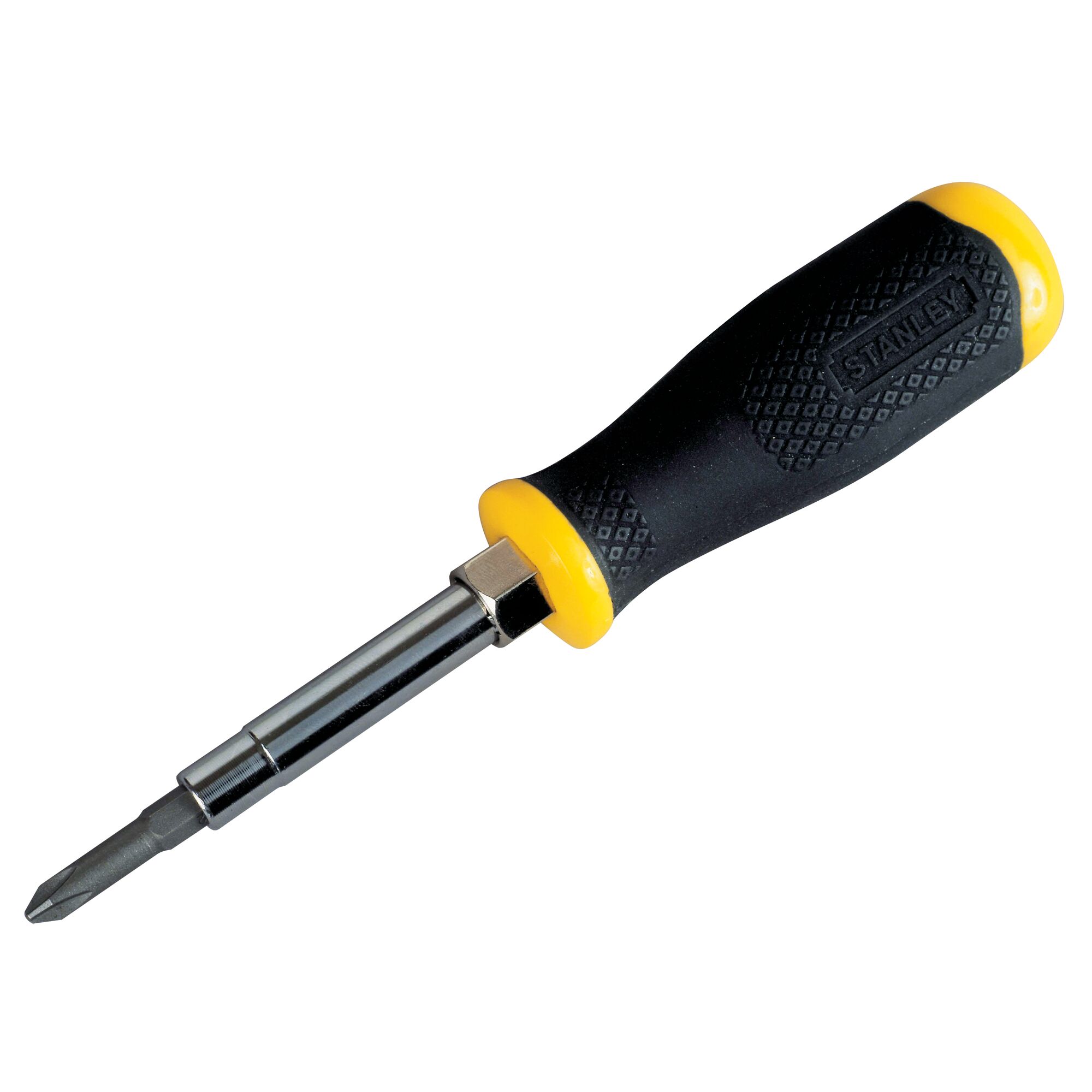 STANLEY STHT68012-8 screwdriver with black and yellow textured handle, angled view on white background.