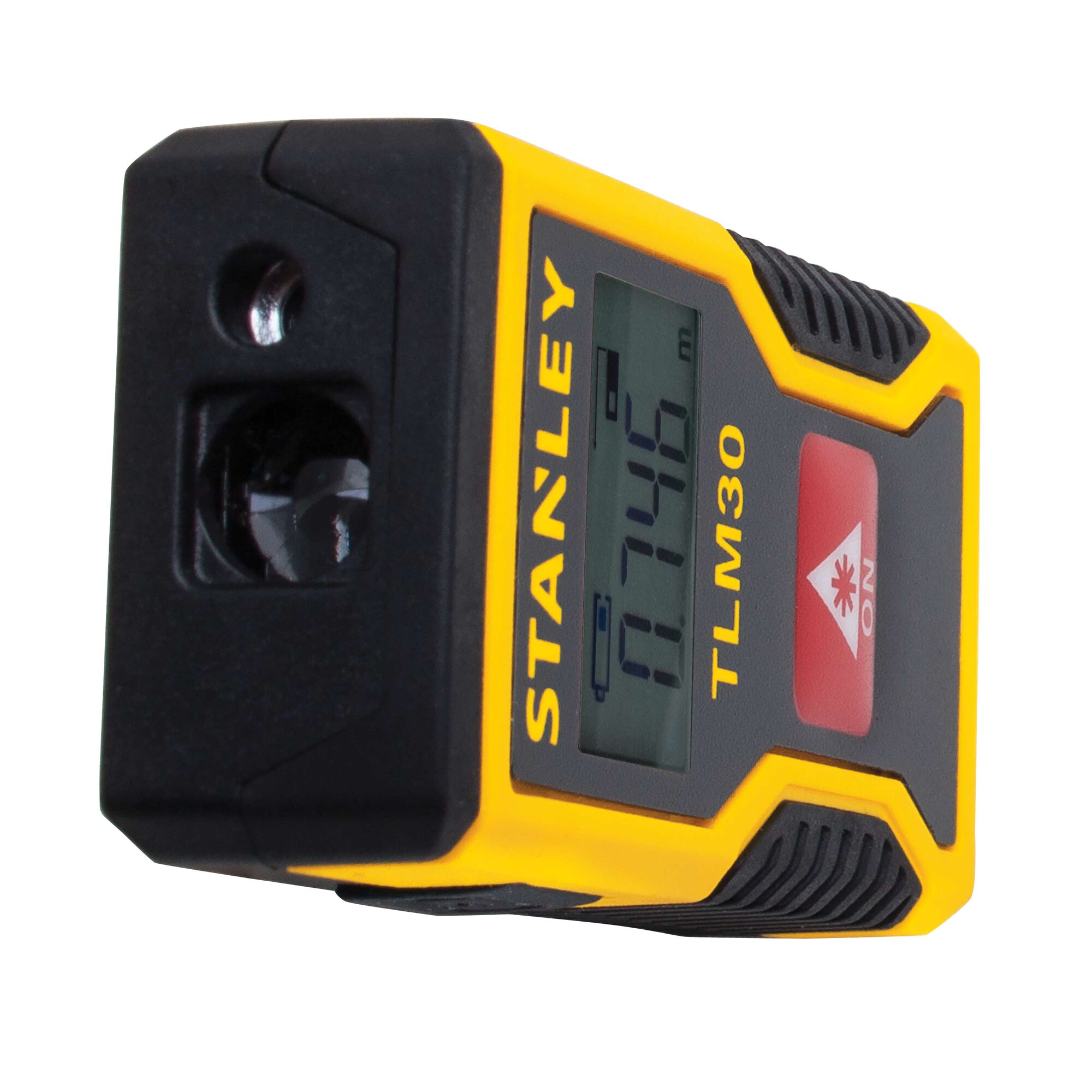 Stanley TLM30 laser distance measurer in angled close-up, showing yellow and black body with digital display