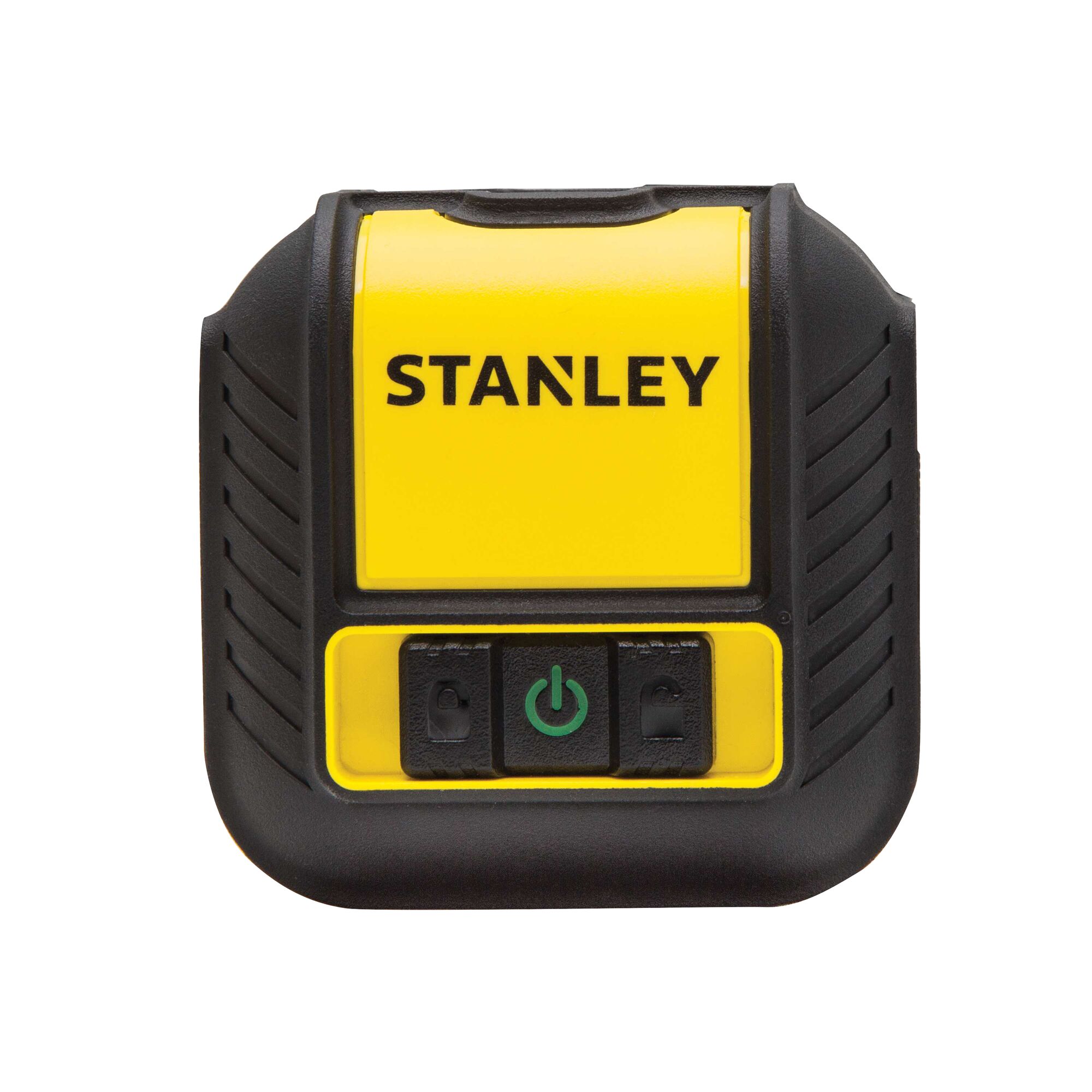 STANLEY STHT77499 yellow and black electronic stud finder, front view, with power button and indicator icons.