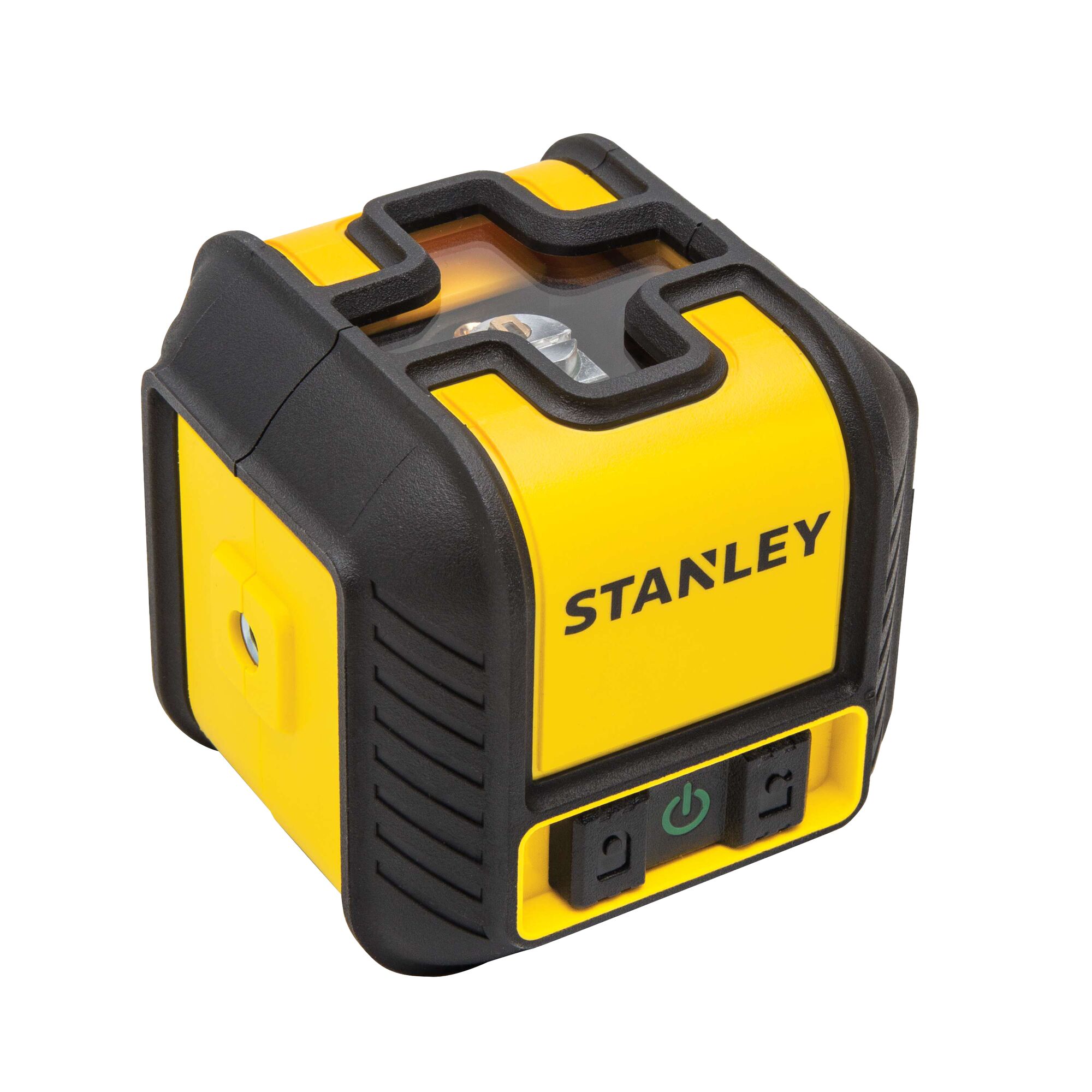 Stanley compact yellow and black laser level, angled view on white background