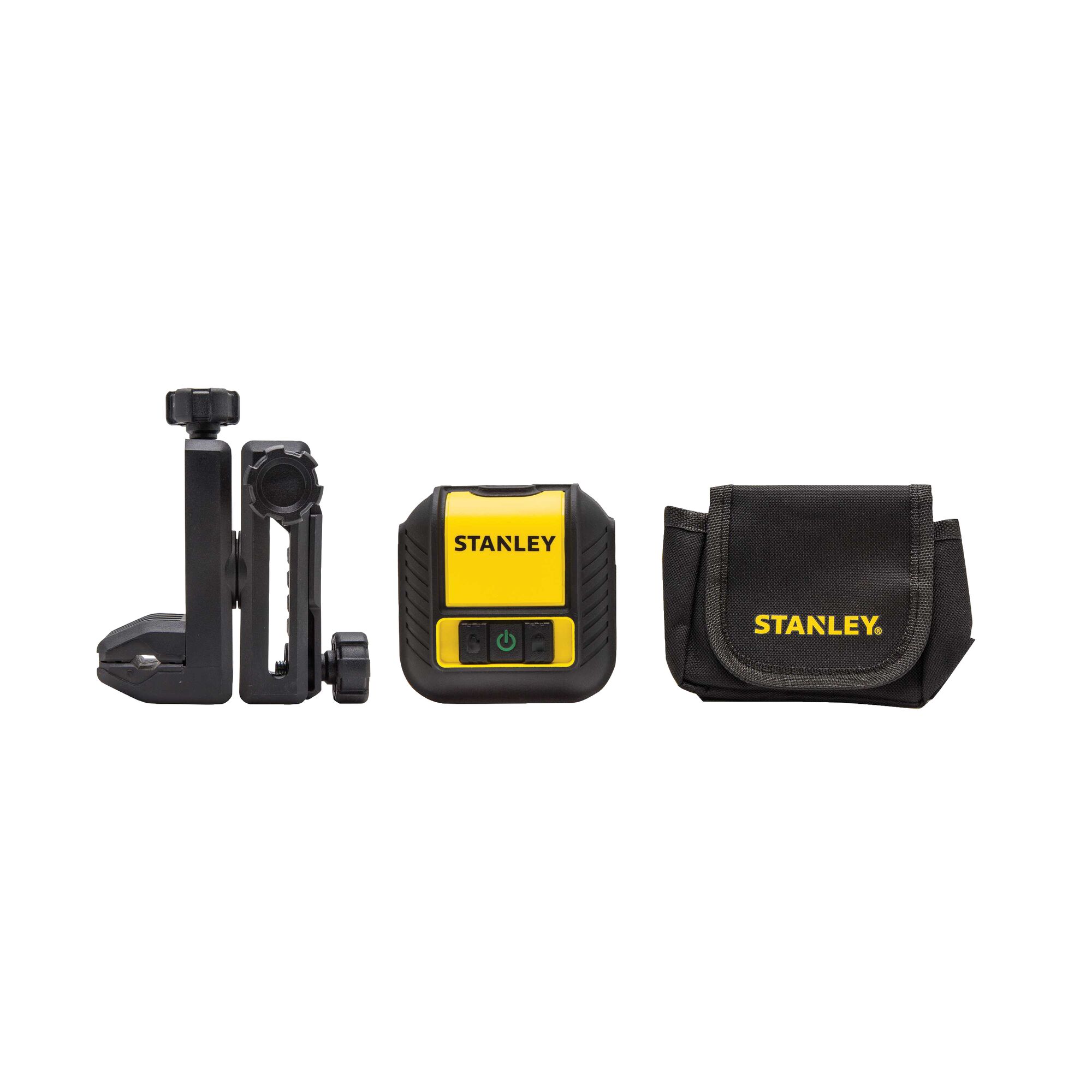 Front shot of STANLEY laser level kit with mount and black carrying pouch on white background.