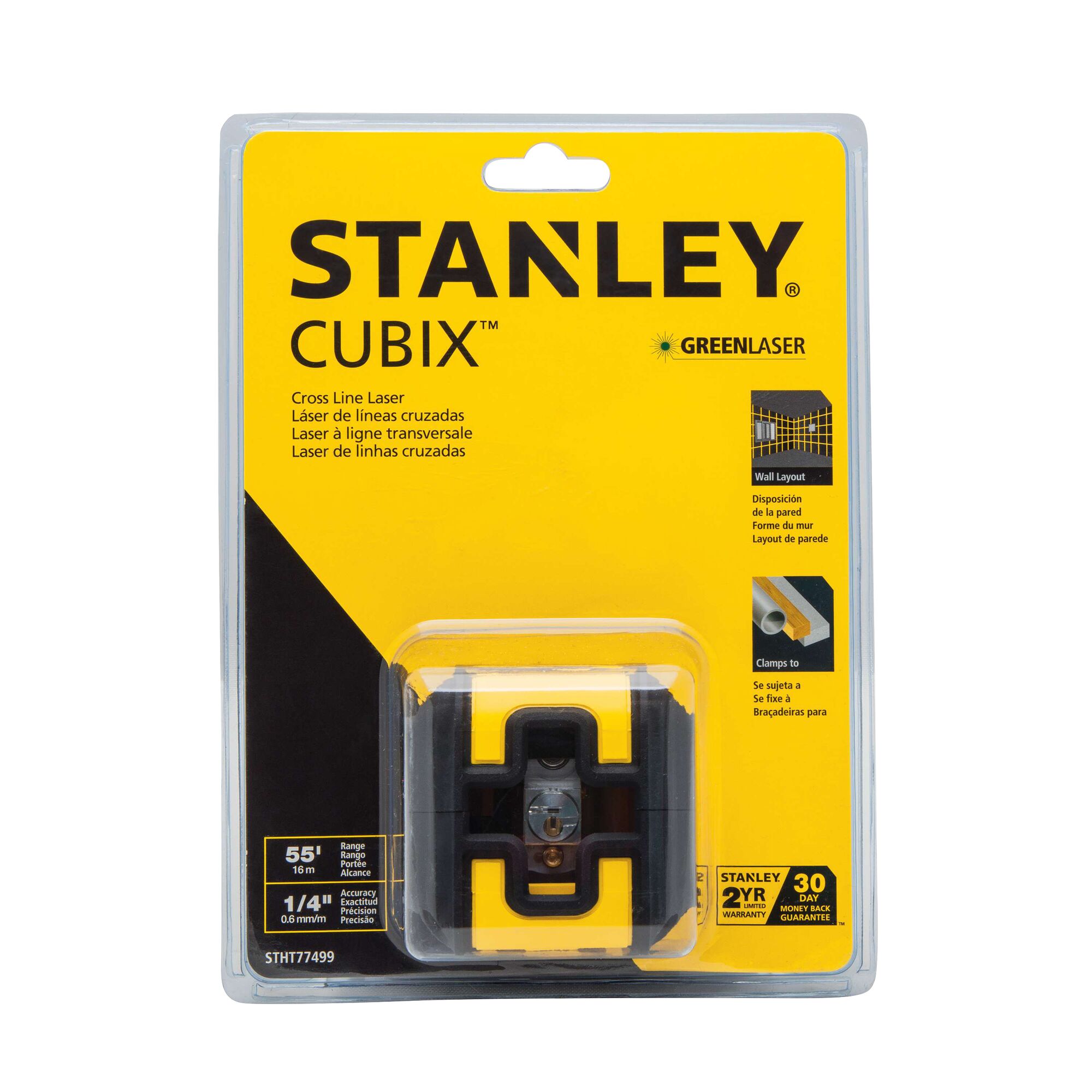 Photo of STANLEY CUBIX cross line laser, SKU STHT77499, in retail packaging, front view on white background.