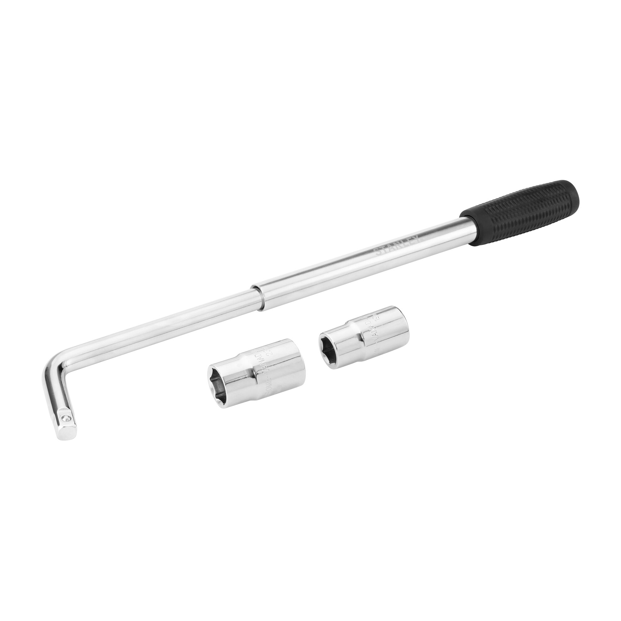 Photo of STANLEY STHT80890-0 L-shaped wheel wrench with black grip and two chrome sockets on white background.