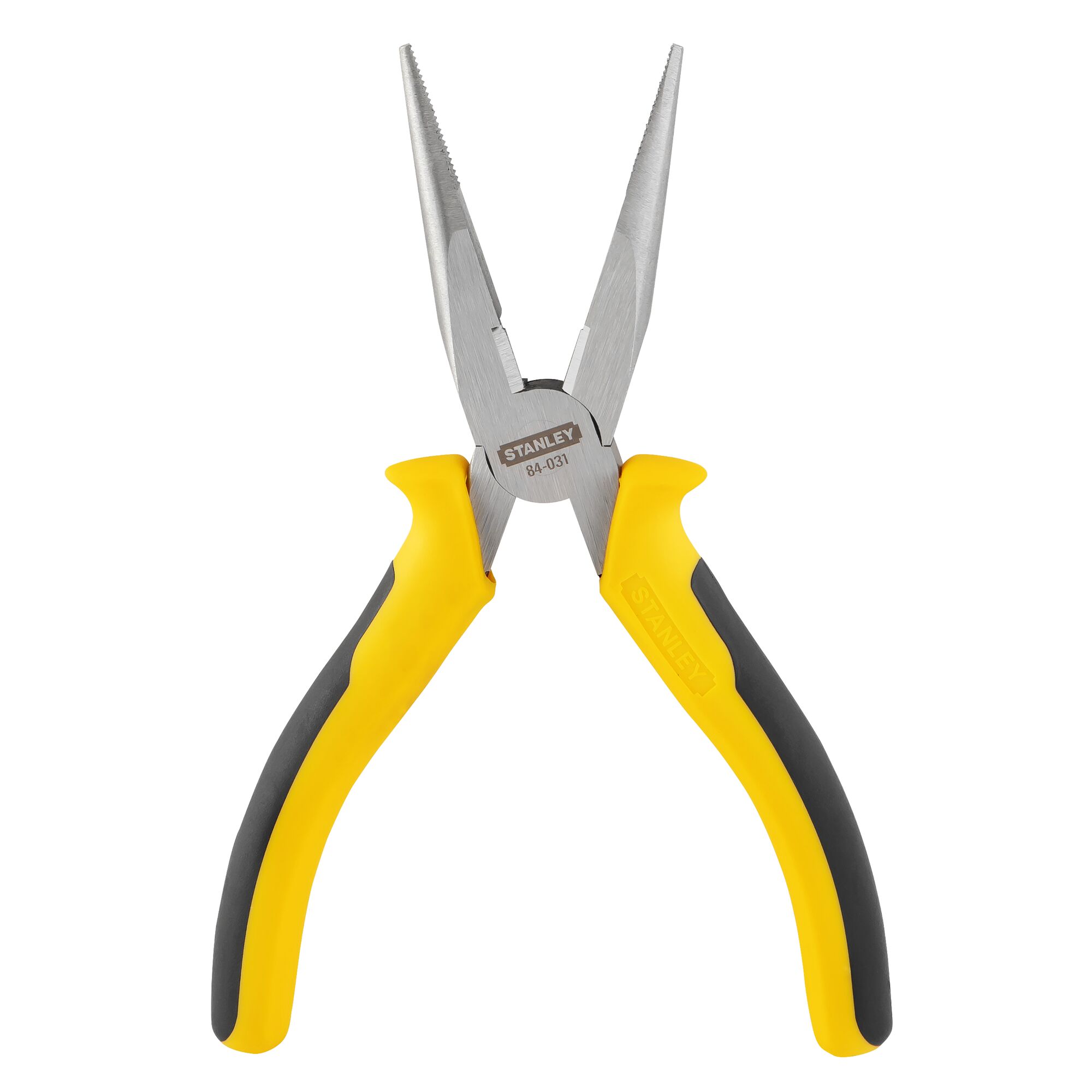 STANLEY STHT84031-8 long nose pliers with yellow and black handles, front angle, white background.