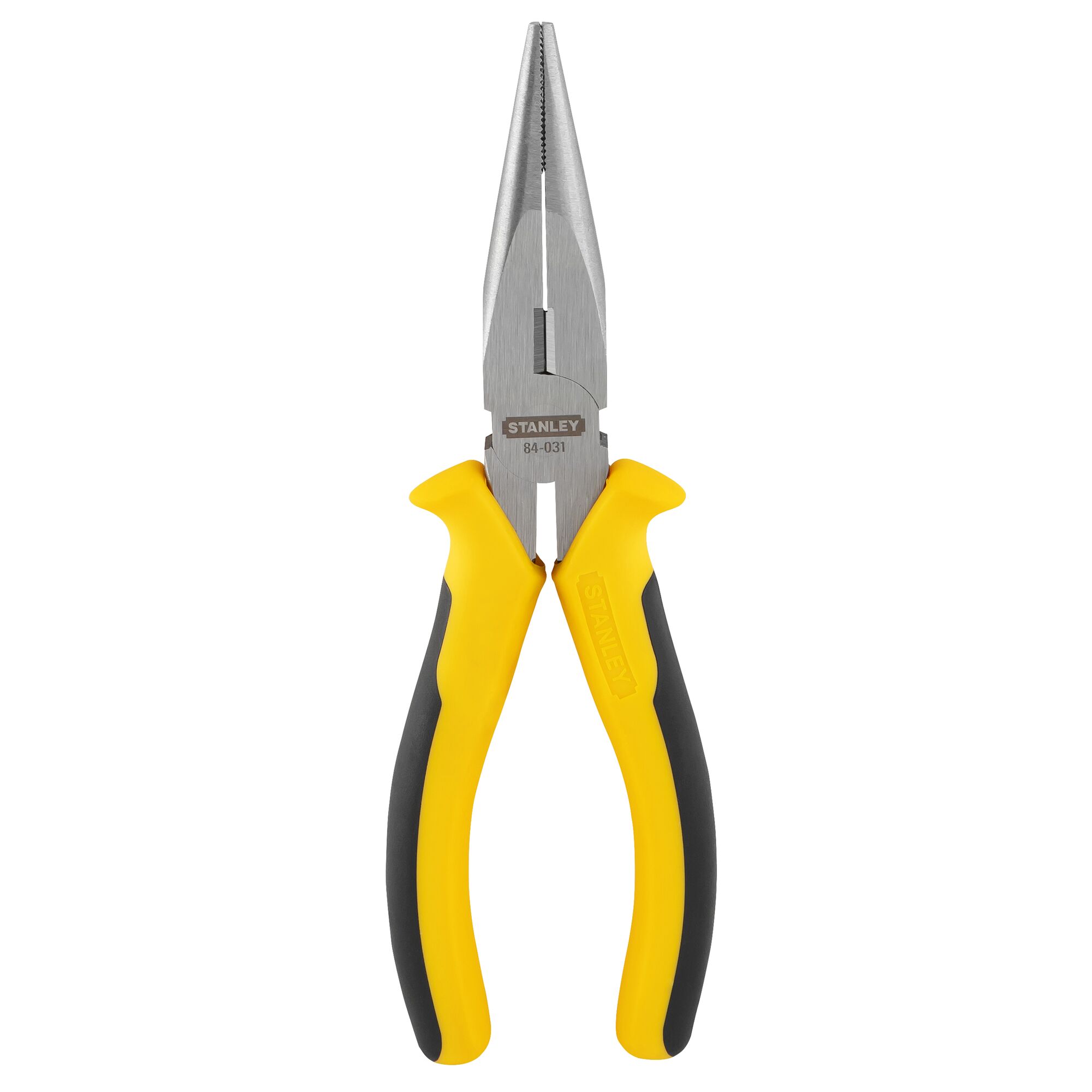 STANLEY STHT84031-8 long nose pliers with yellow and black handles, front angle on white background.