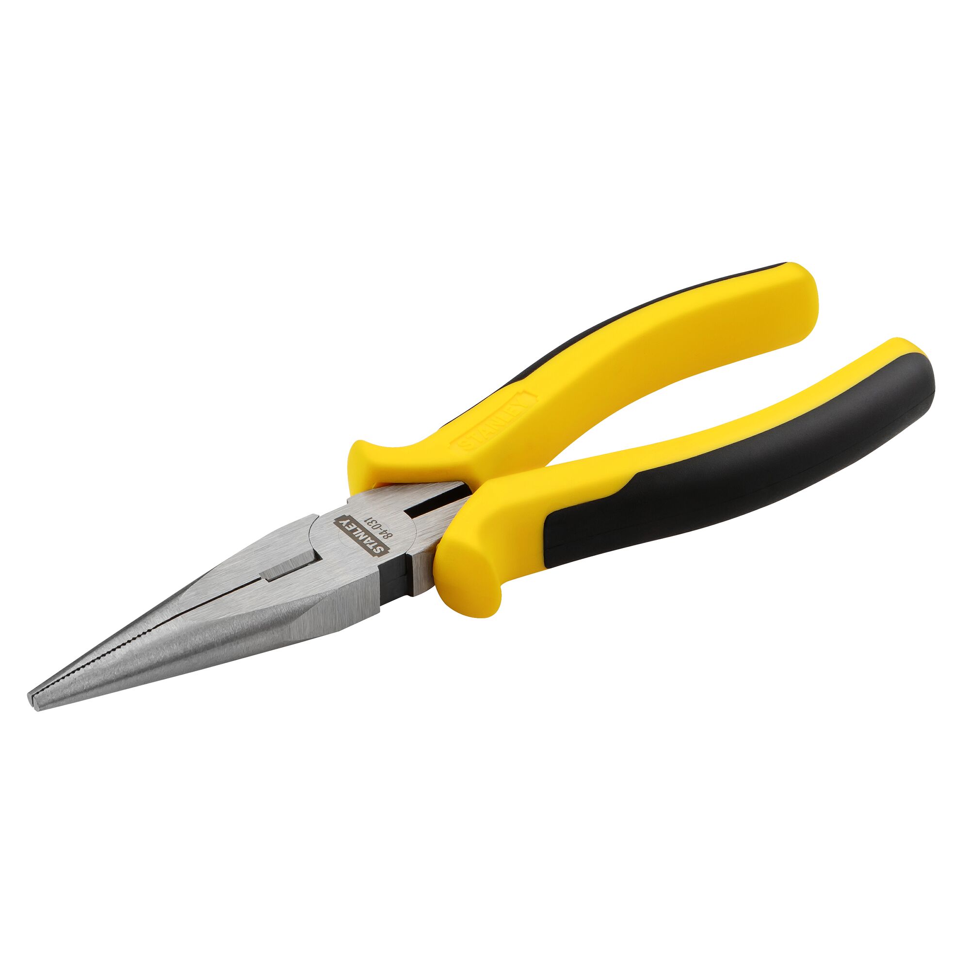 STANLEY STHT84031-8 long nose pliers with yellow and black grip handle, product angle on white background.