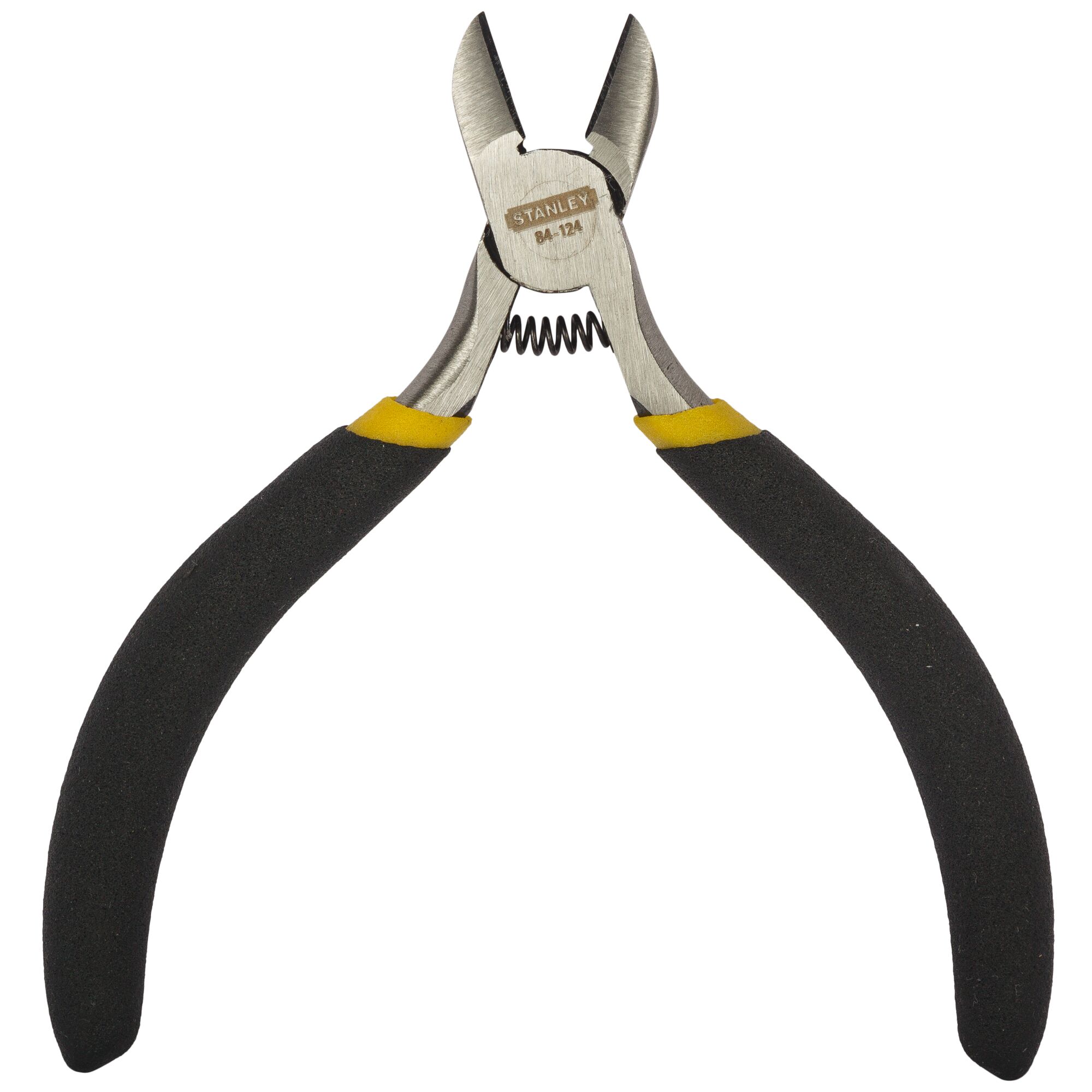 Stanley STHT84124-8 diagonal cutting pliers with black and yellow handles, front angle, white background.