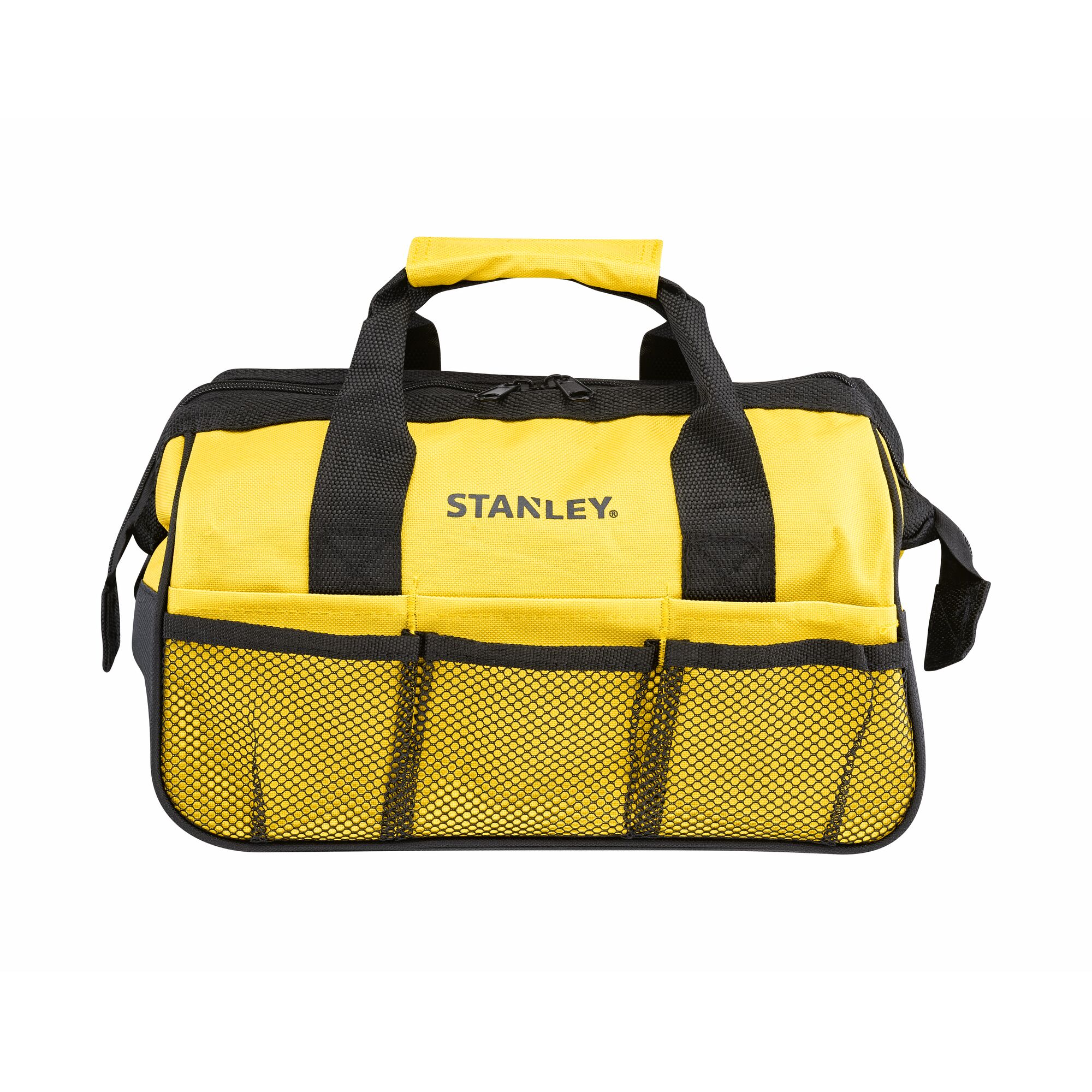 STANLEY STMT0-74101 tool bag, yellow and black fabric, front view with mesh pockets and handles.