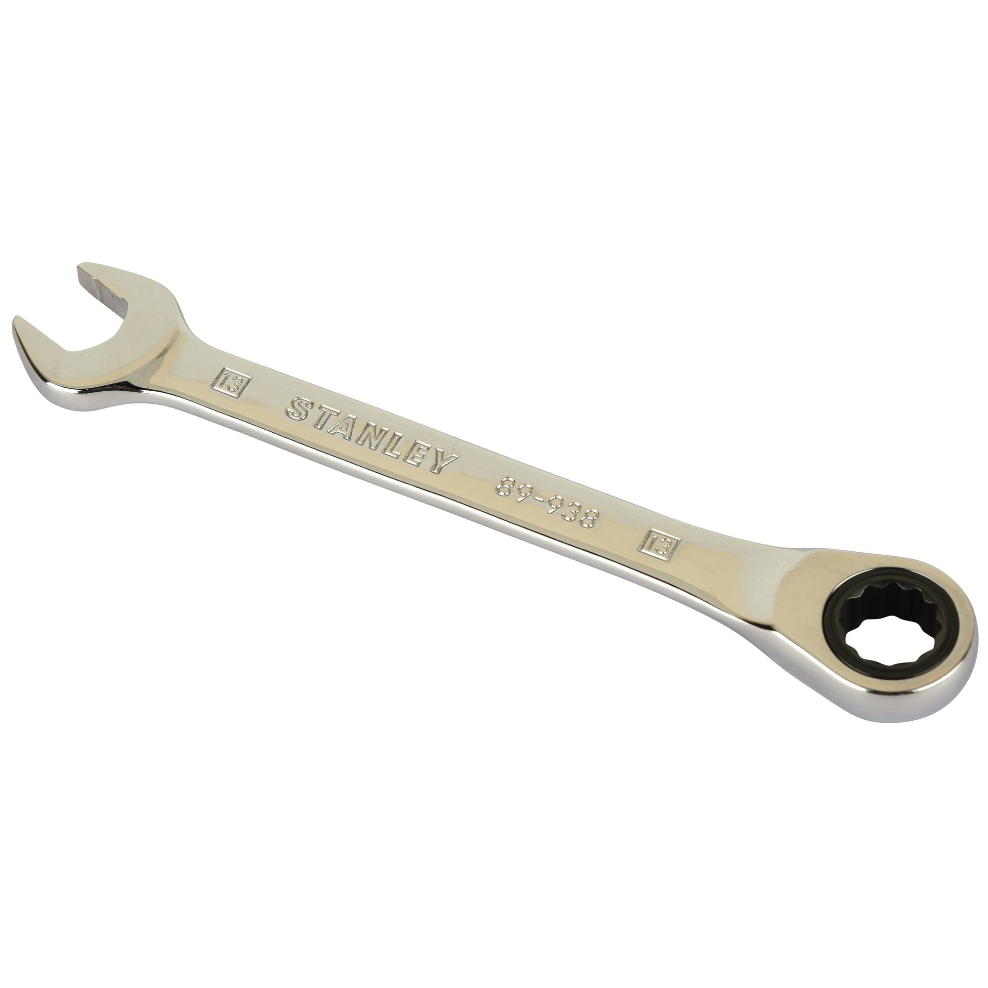 Photo of STANLEY STMT89938-8B combination ratcheting wrench, chrome finish, angled on white background.