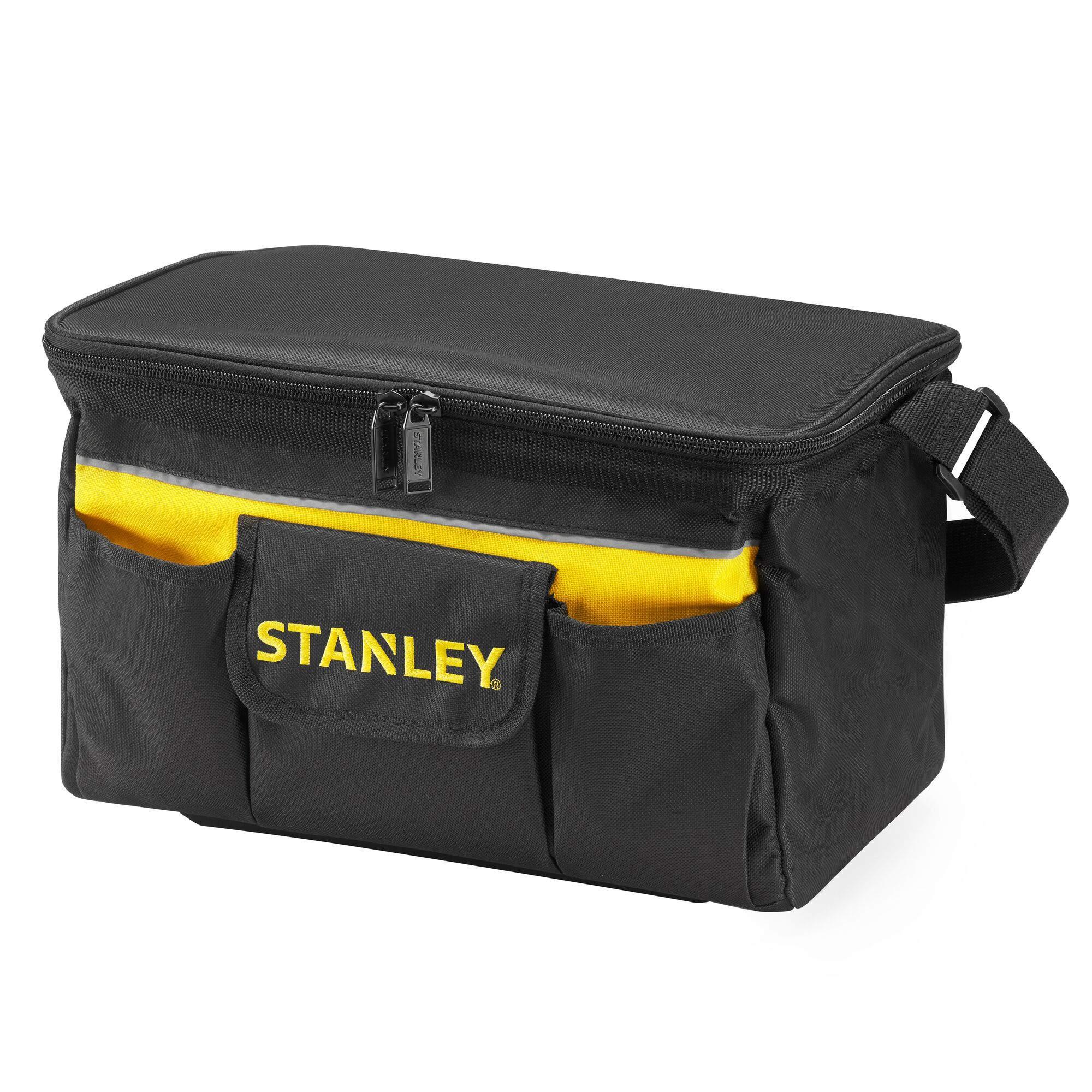 STANLEY STST1-73615 tool bag, black and yellow, front angle, zippered top, front pockets, shoulder strap.