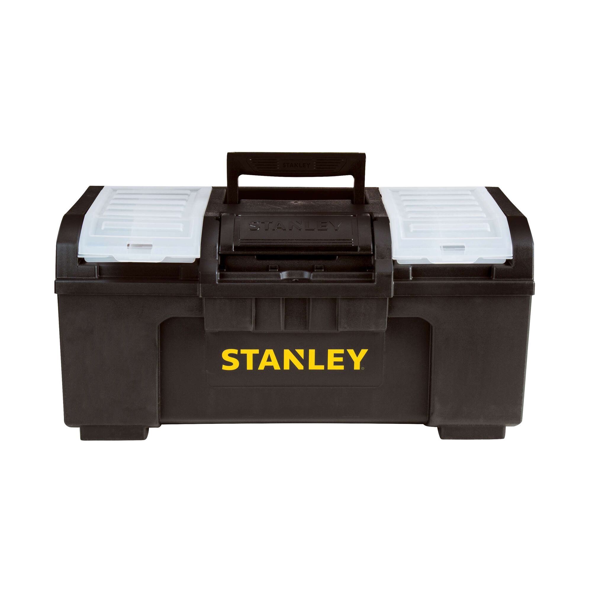 Front view of a STANLEY black plastic toolbox with yellow logo and transparent lid organizers.
