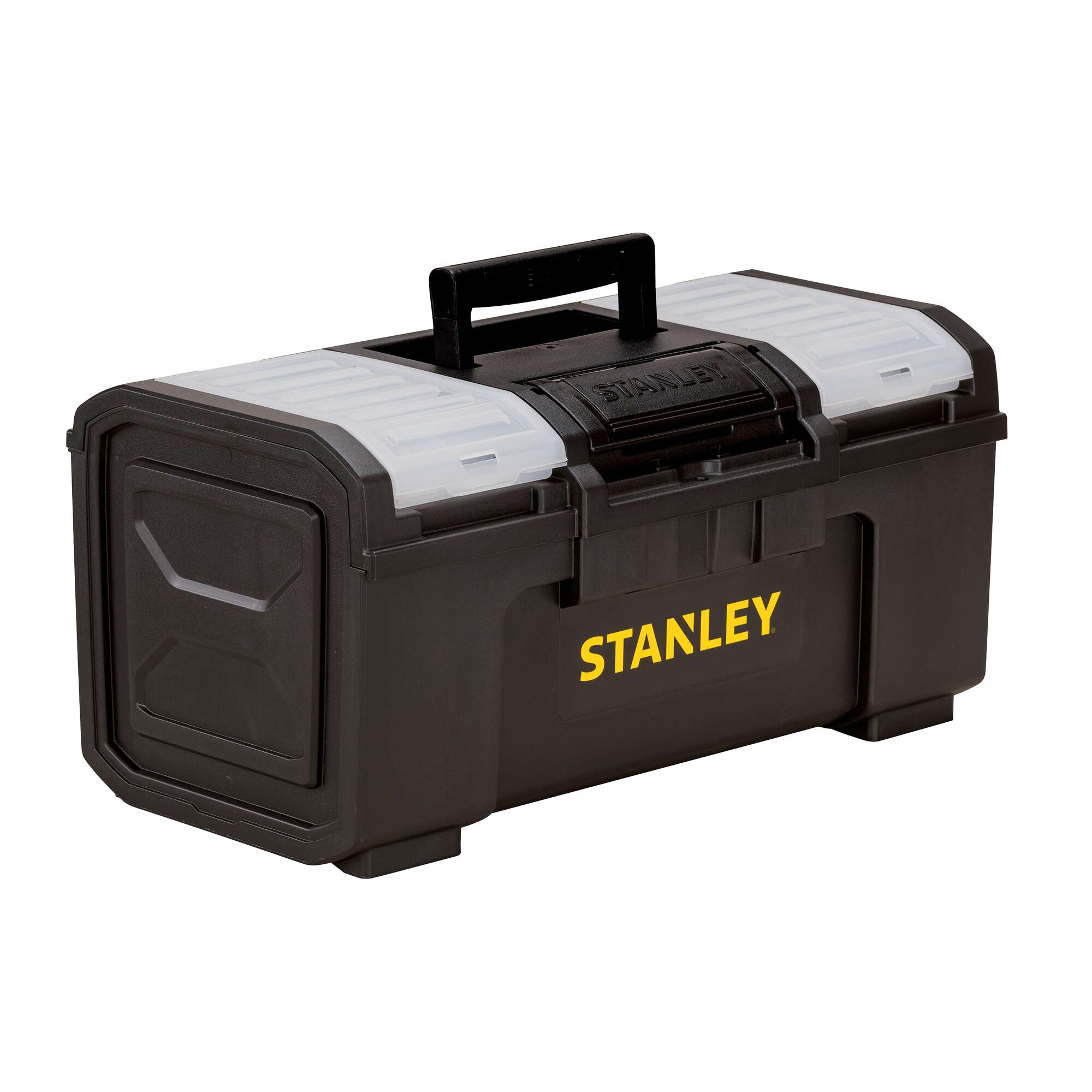 Stanley black plastic toolbox with yellow logo, clear lid compartments, and black handle, angled front view