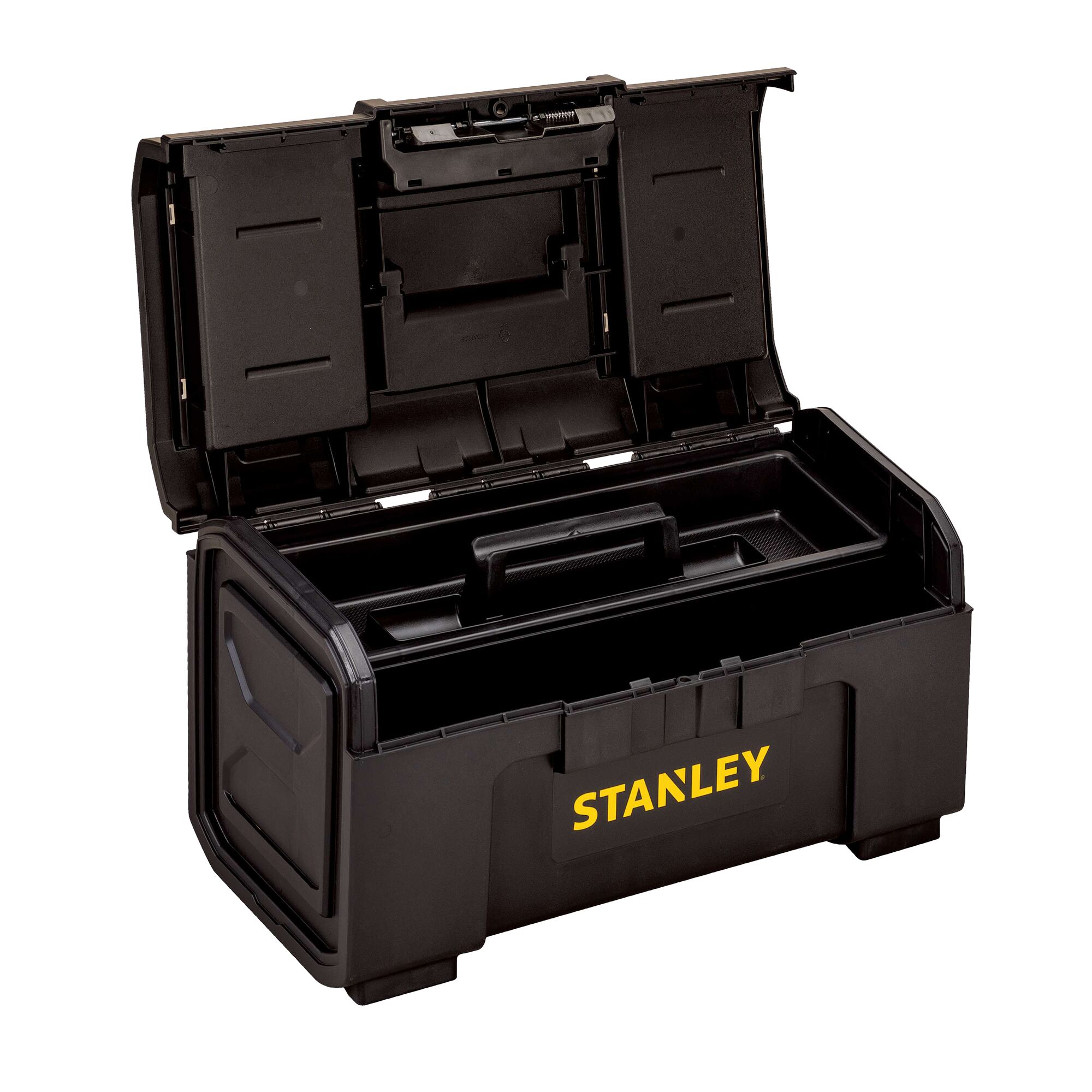 Stanley black plastic toolbox with open lid, removable tray, and yellow logo, front angle on white background