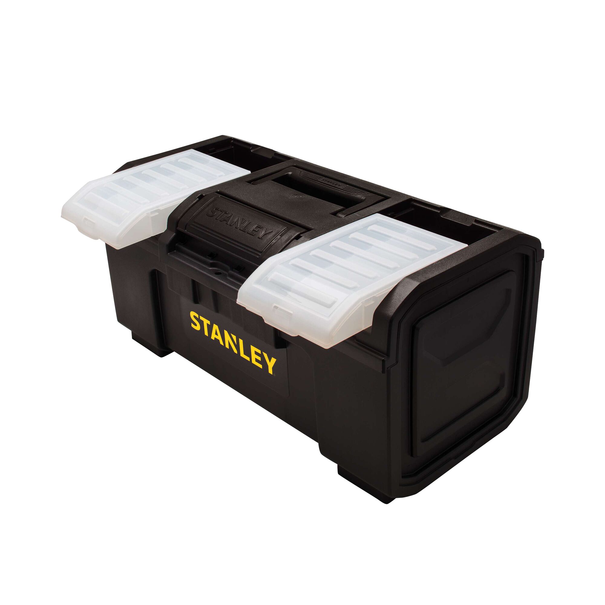 Stanley black plastic toolbox with yellow logo, clear latches, angled front-right view on white background