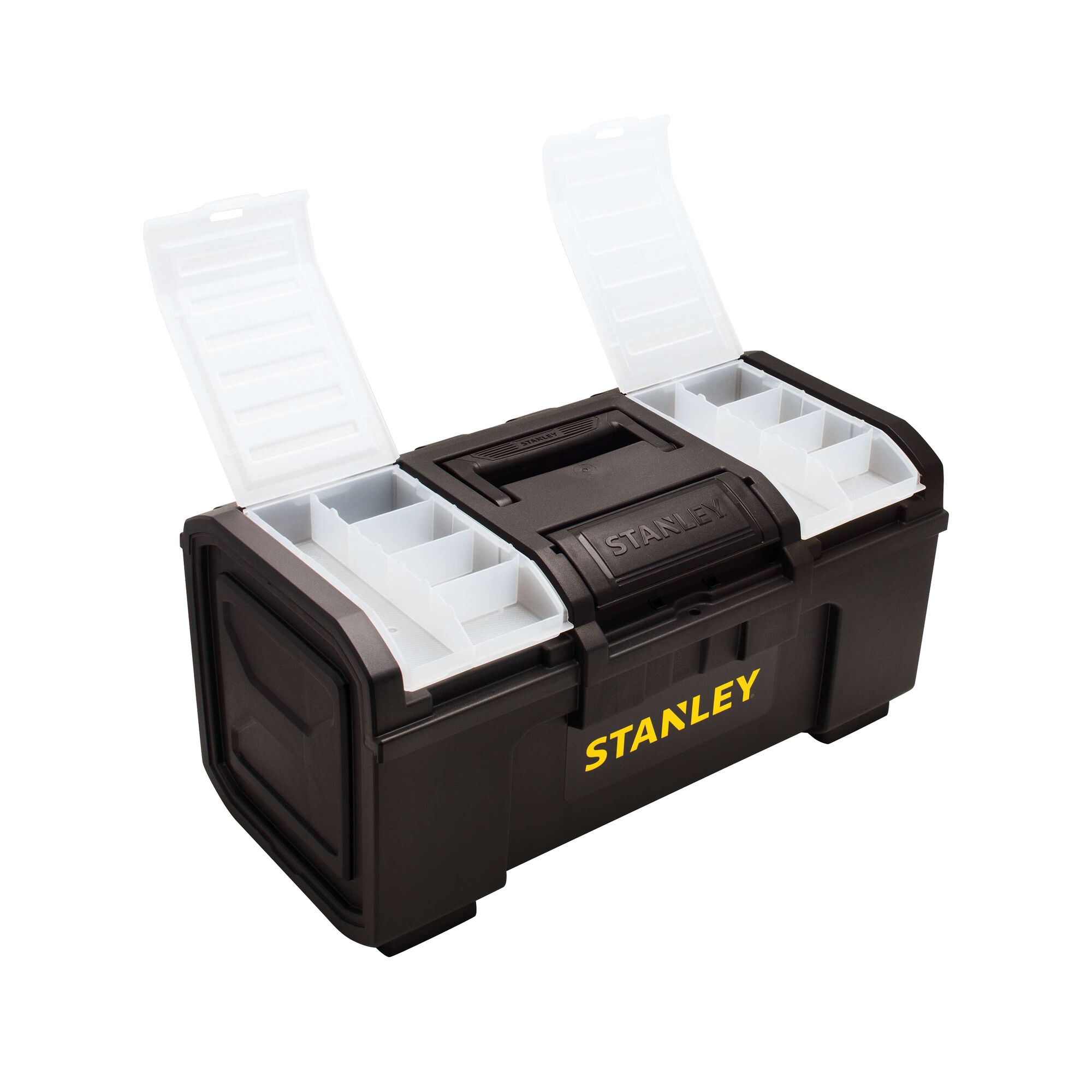 STANLEY black plastic toolbox with two open white compartment lids, angled front view on white background