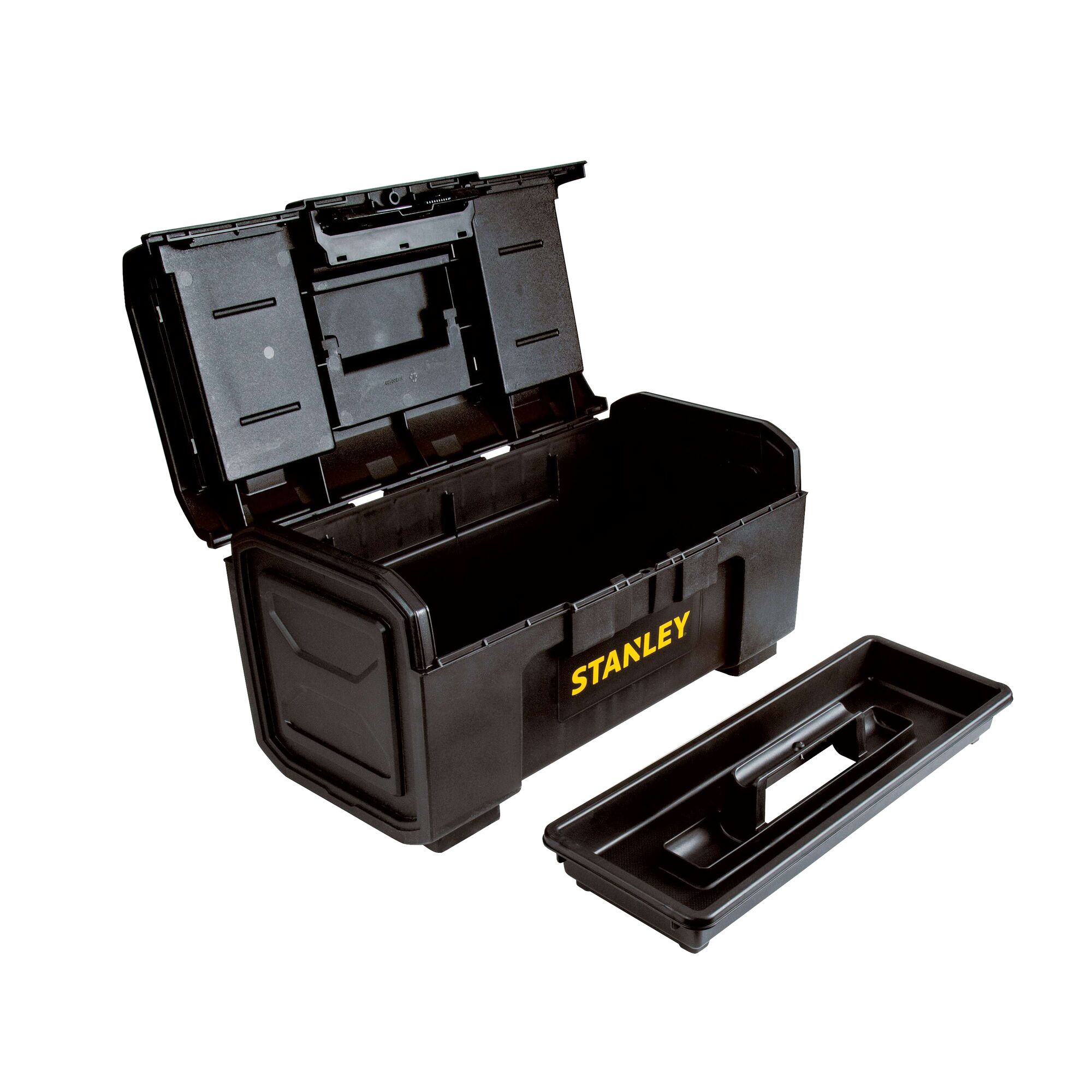 STANLEY black plastic toolbox with open lid and removable tray, front angle on white background