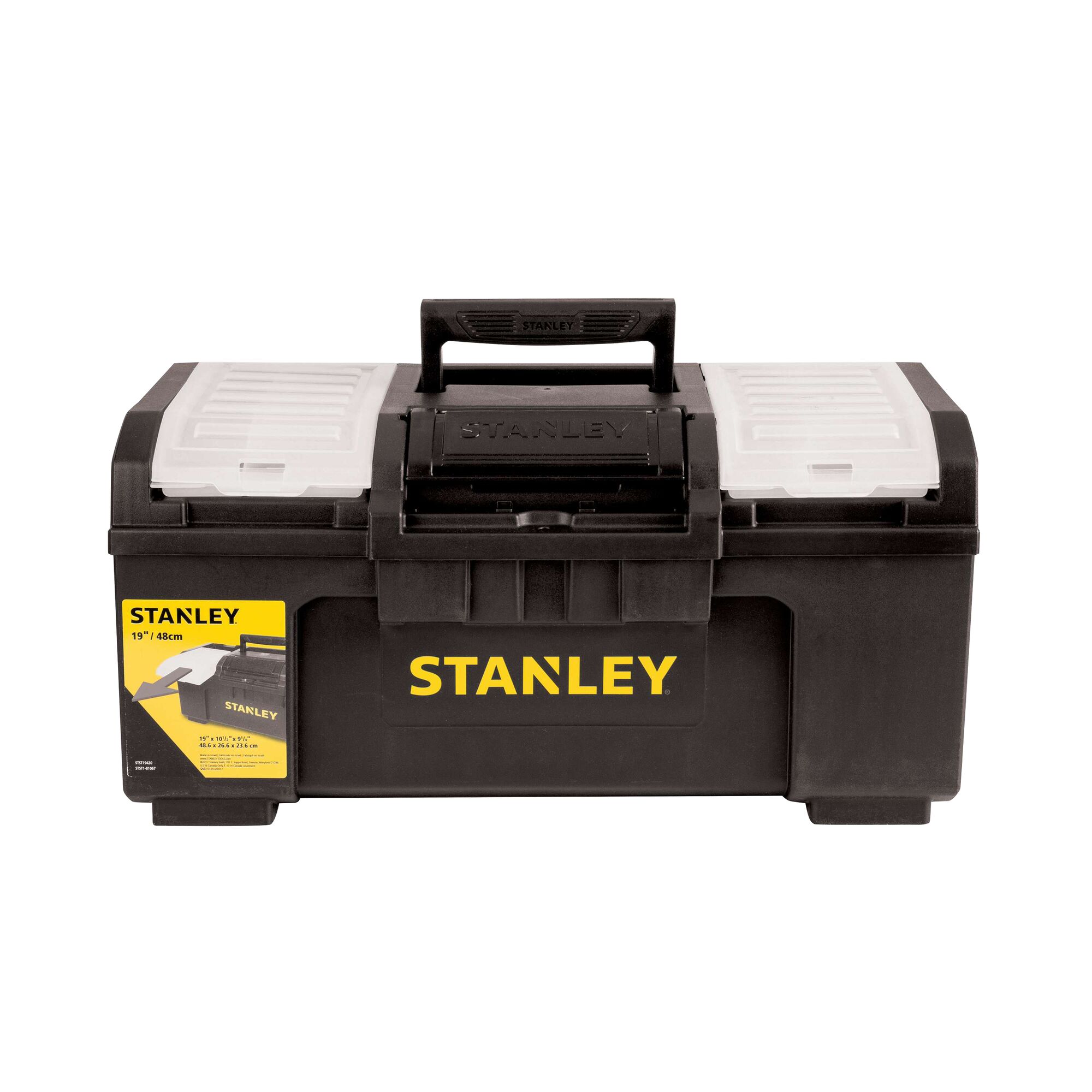 STANLEY STST19420 black plastic toolbox with yellow logo, clear top organizers, front view, white background.